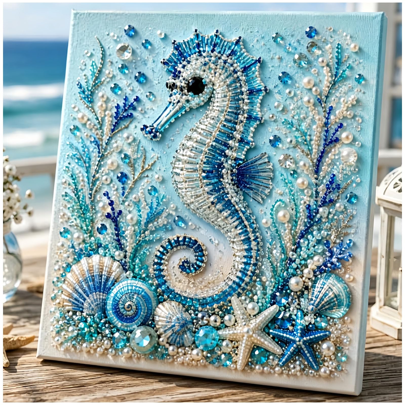Jeeeun Ocean Theme Pearl Art DIY Kit, 3D Ocean Animal Pearl Art Craft with Pearls & Rhinestones, Sparkling Coastal Wall Decor for Adults & Beginners (Seahorse)