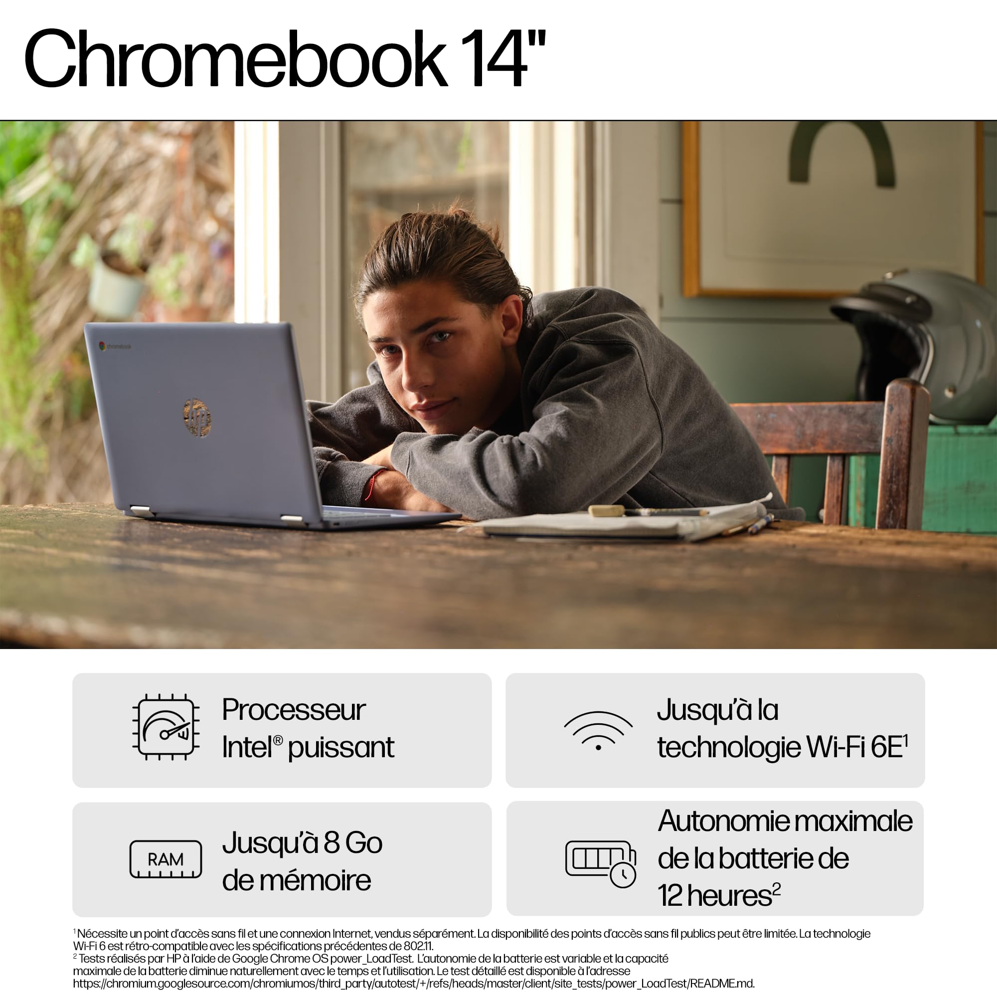 HP Chromebook 14a-nf0001sf Ordinateur Portable 14" HD, PC Portable (Intel Celeron N100, RAM 4 Go, Flash 128 Go, Intel Iris XE, Chrome OS), Laptop Argent, Clavier AZERTY