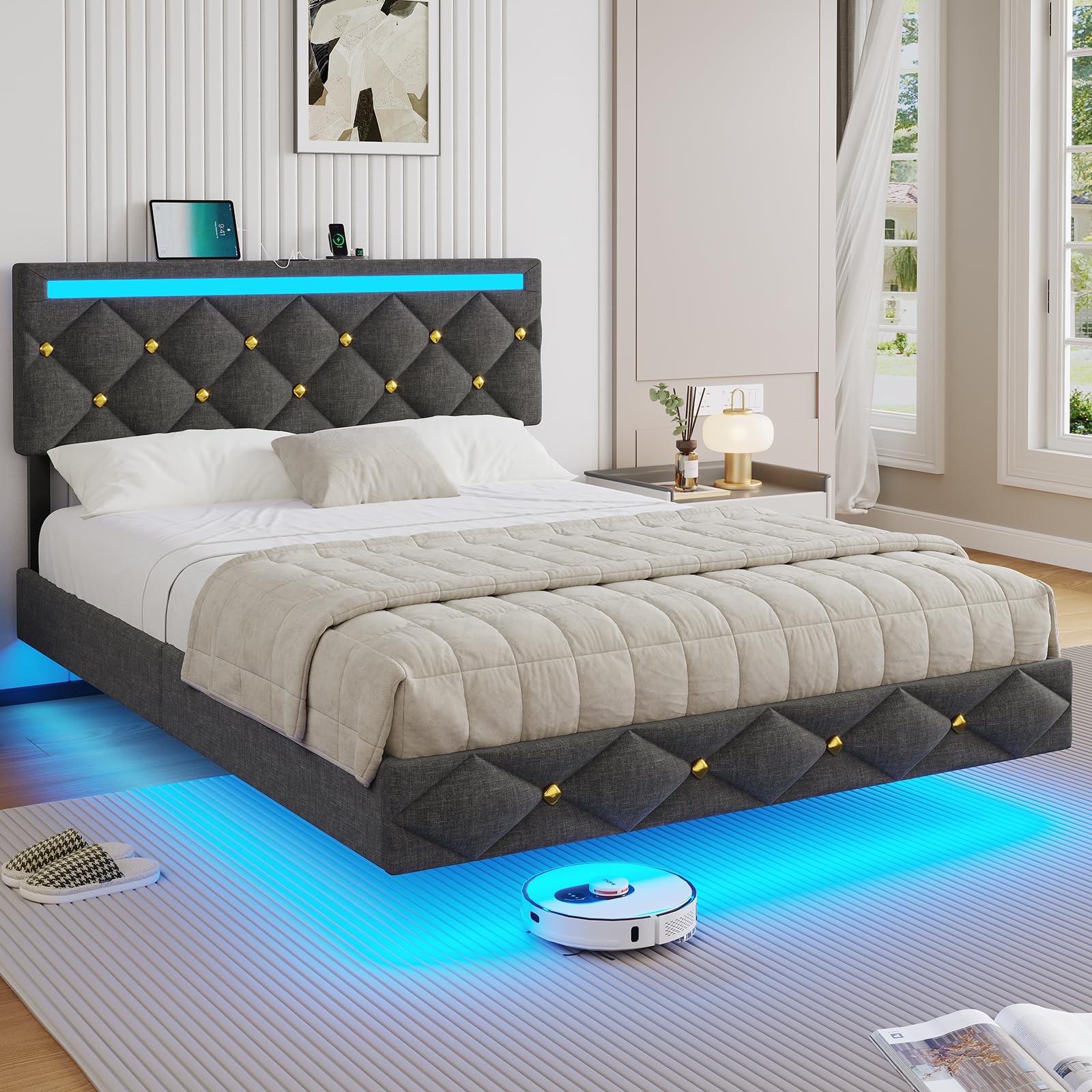 DICTAC Lit 140x190 avec LED, Cadre de lit 140 x 190cm avec Éclairage LED et 1 USB-A + 1 USB-C, Tête de Lit Réglable et Rembourrée - Lit Flottant avec Sommier, Capitonnage Lin Gris
