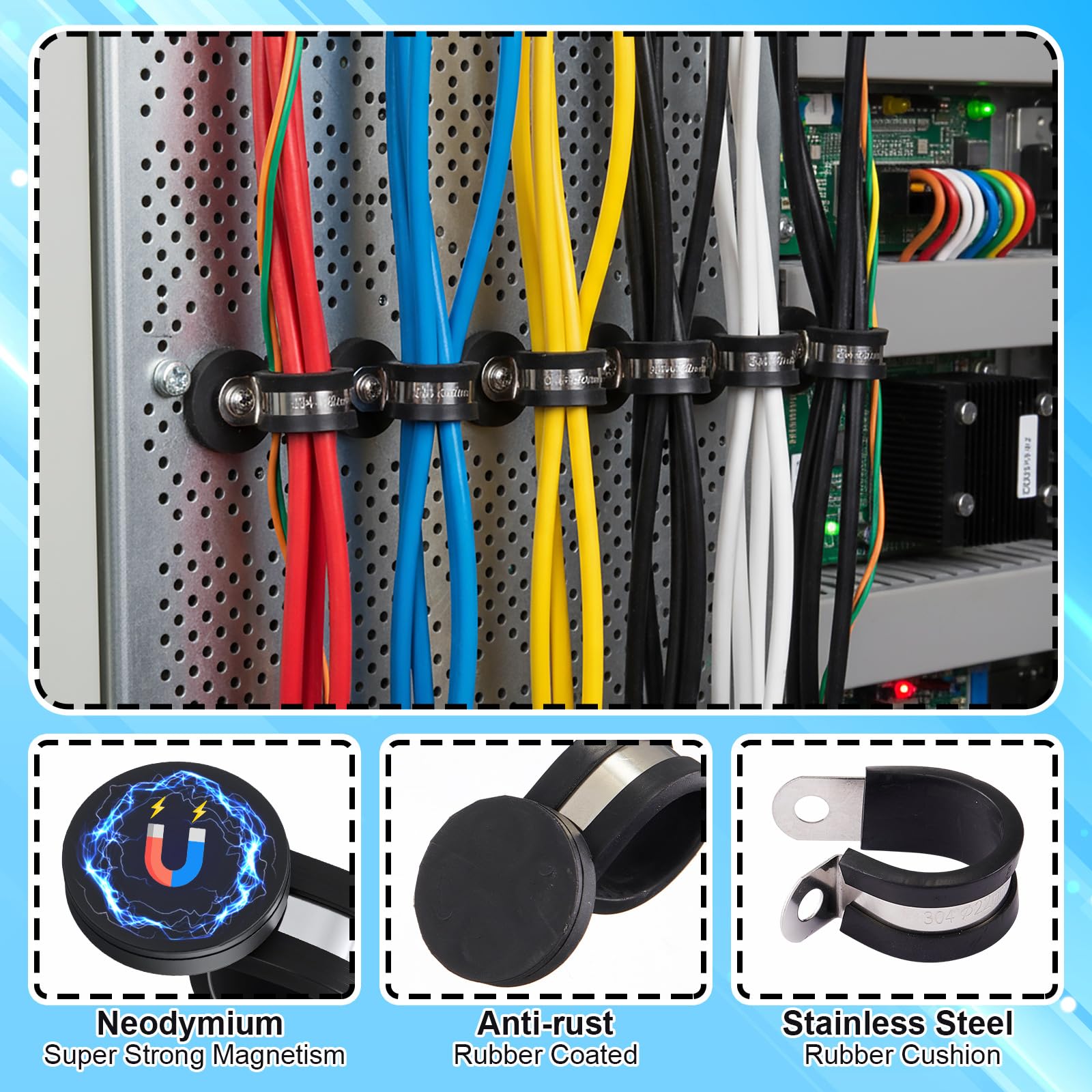 LEIFIDE Paquete de 12 abrazaderas de cable de acero inoxidable de 3/4 pulgadas, abrazaderas de cable magnéticas resistentes, abrazadera aislada acolchada de goma, soporte de clips de cable aislado