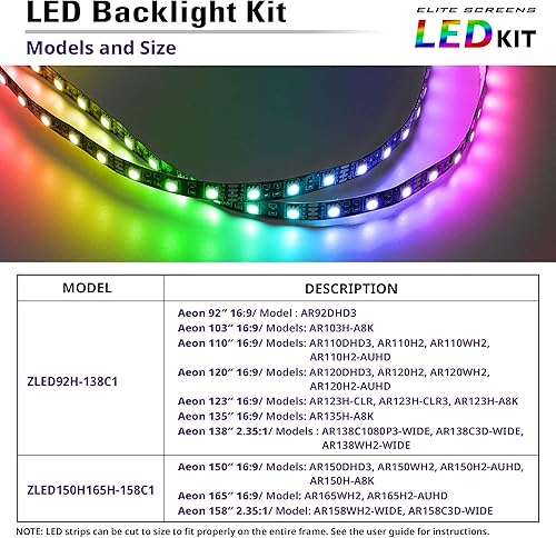 Miniatura 7 de Elite Screens Pantalla de proyección de proyector Kit de tiras de luces LED cuerda multicolor con control remoto (para 92 pulgadas de alto (16:9)