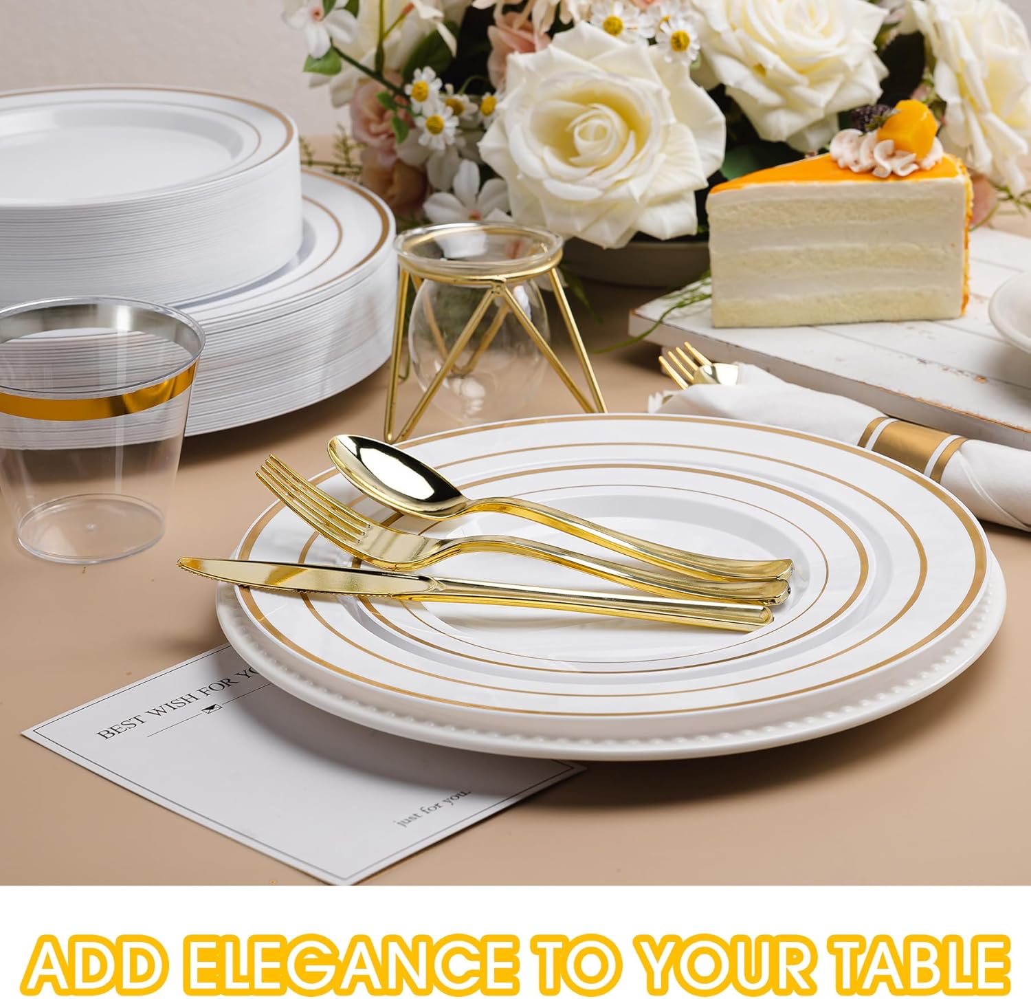 350 PCS White and Gold Plastic Dinnerware Set for 50 Guests, Disposable Party Plate for 50 Guests, Include: 100 Plastic Plates, 50 Pre Rolled Napkins with Gold Silverware, 50 Cups - Image 3