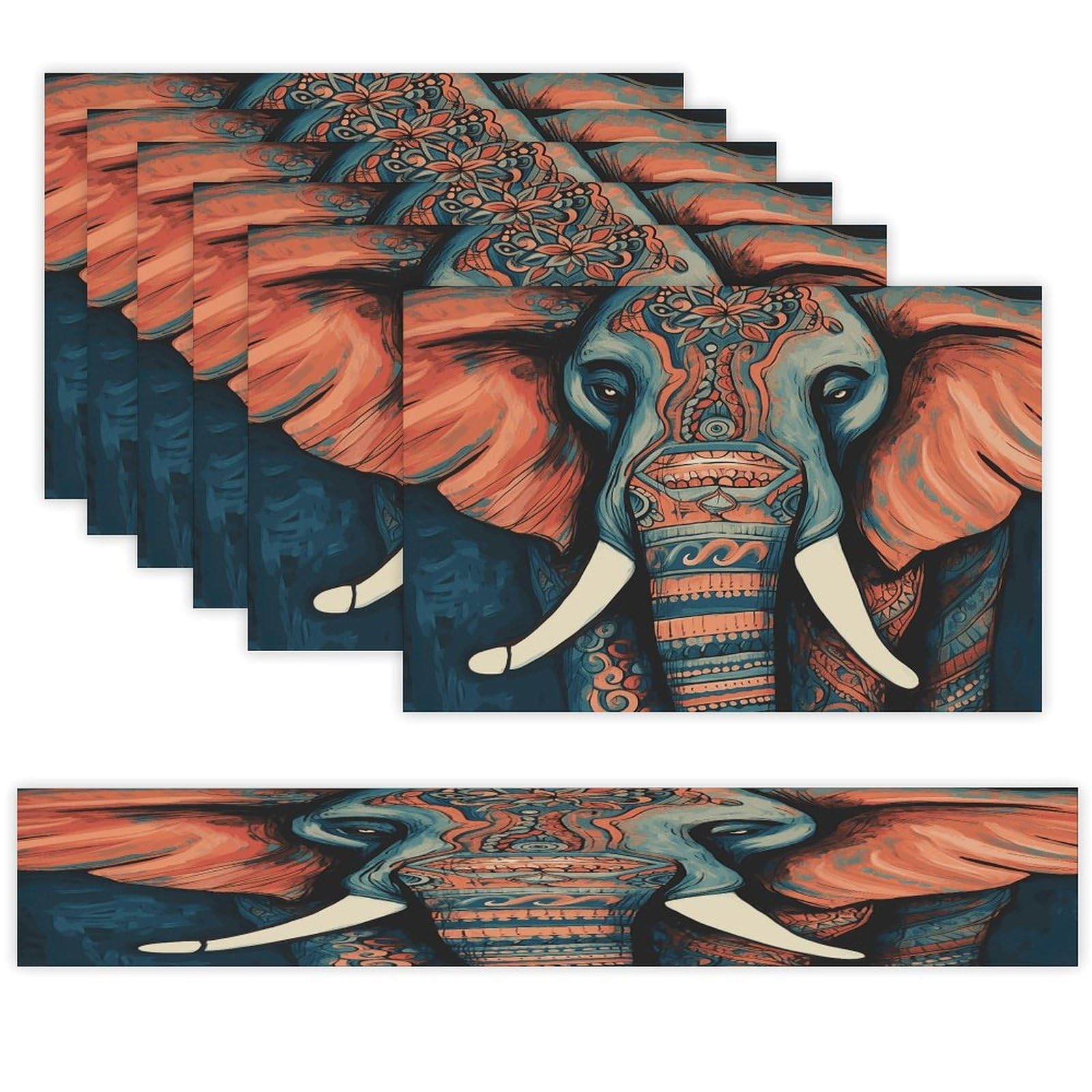 Abstract Elephant Table Runner and Placemats Set of 6 Wipe Clean Heat Resistant Table Mat with Table Runner Decorations Flax Linen Place Mat Set for Home Kitchen Party Supplies
