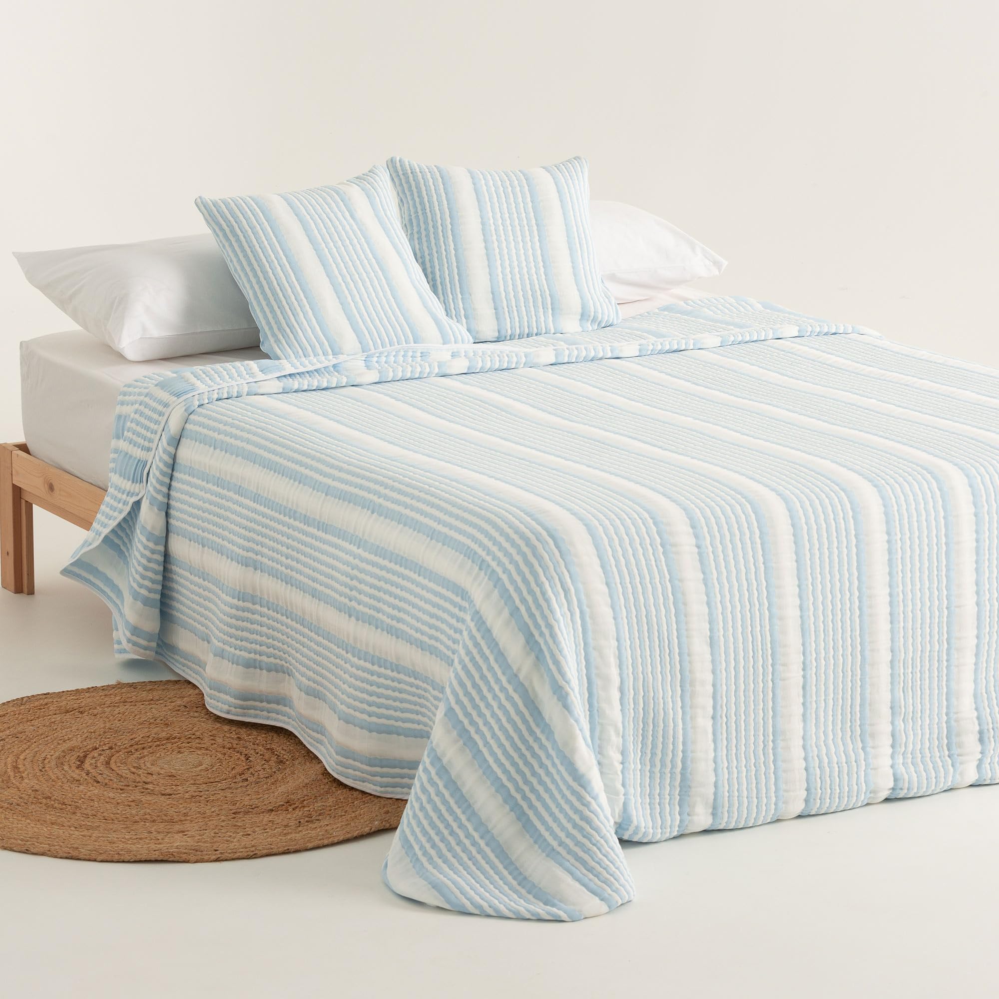GAMUSI Colcha Cama 150 cm Rayas Moderna Ligera Primavera Verano algodón, 250x270 cm, Color Celeste