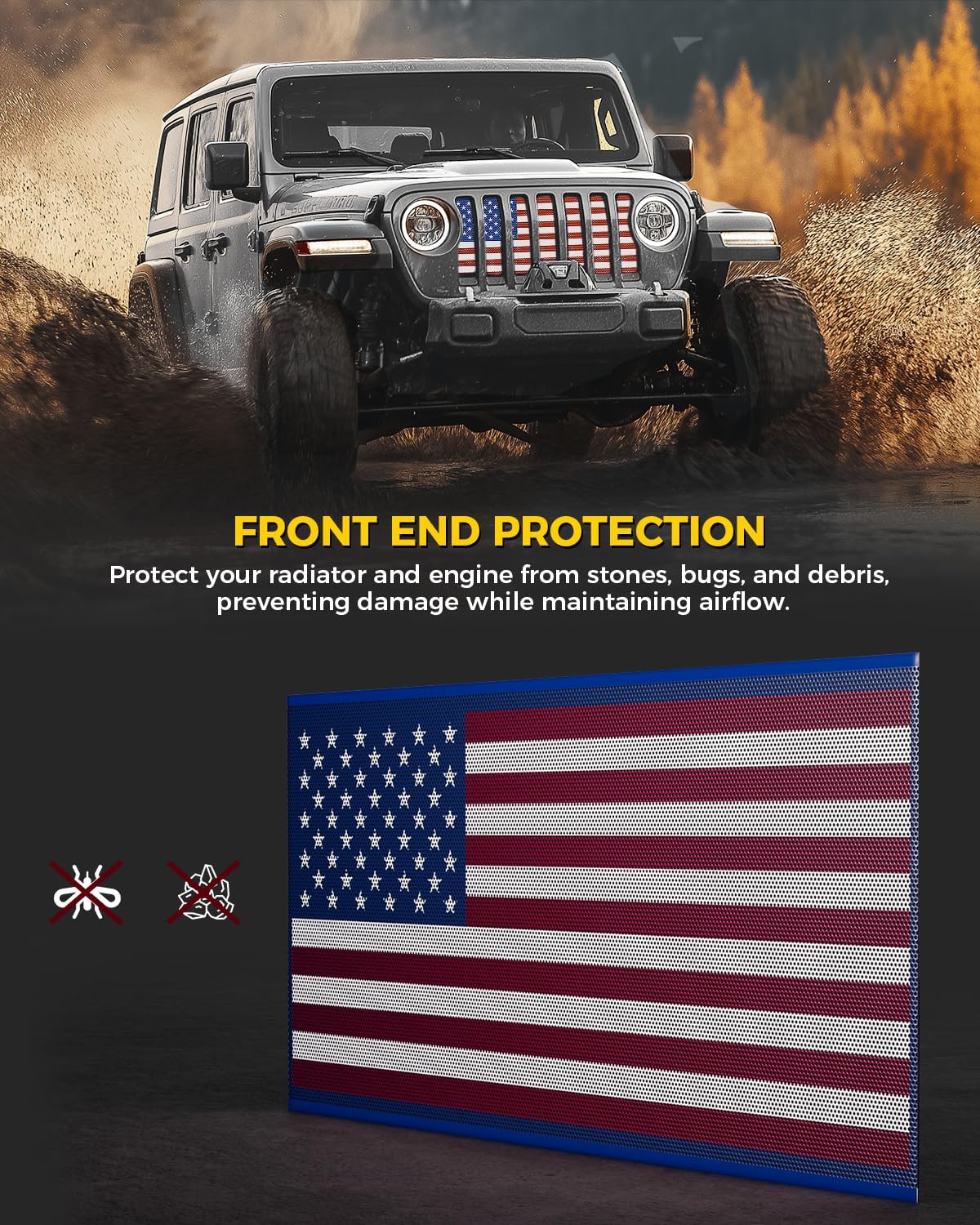 Xprite Grill Insert with Red & Blue US Flag, Aluminum Alloy Front Grille Mesh Inserts Compatible with 2018–2026 Jeep Wrangler JL & Gladiator JT