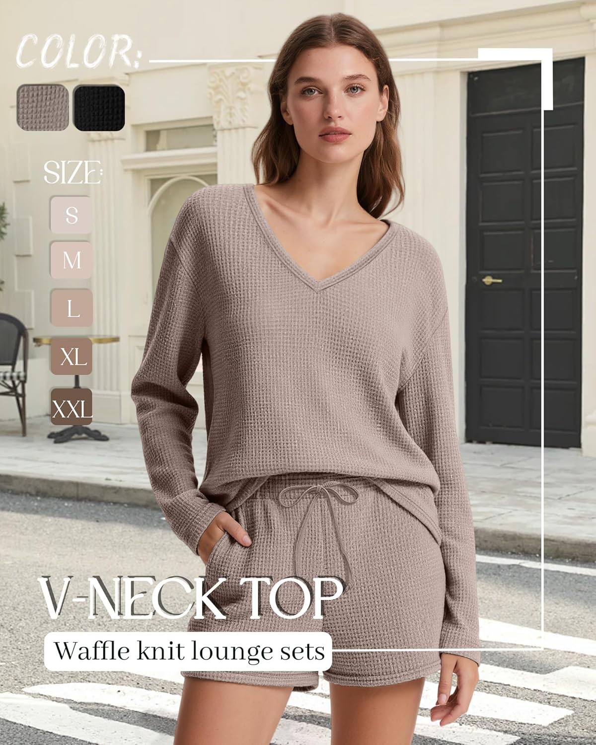 2 Pack Women's Waffle Knit Lounge Sets Long Sleeve V Neck Pajama Sets Tops and Shorts Loungewear with Pockets - Image 3