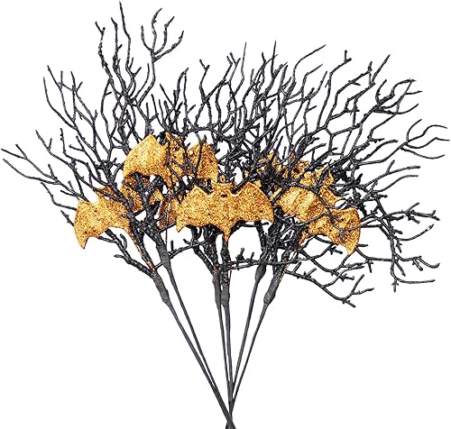 Miniatura 2 de Yawwind Artificial Halloween Picks 17inch Balck Halloween Branches for Vase Gilitter Halloween Stems with Glitter Golden Bat for Table Centerpiece