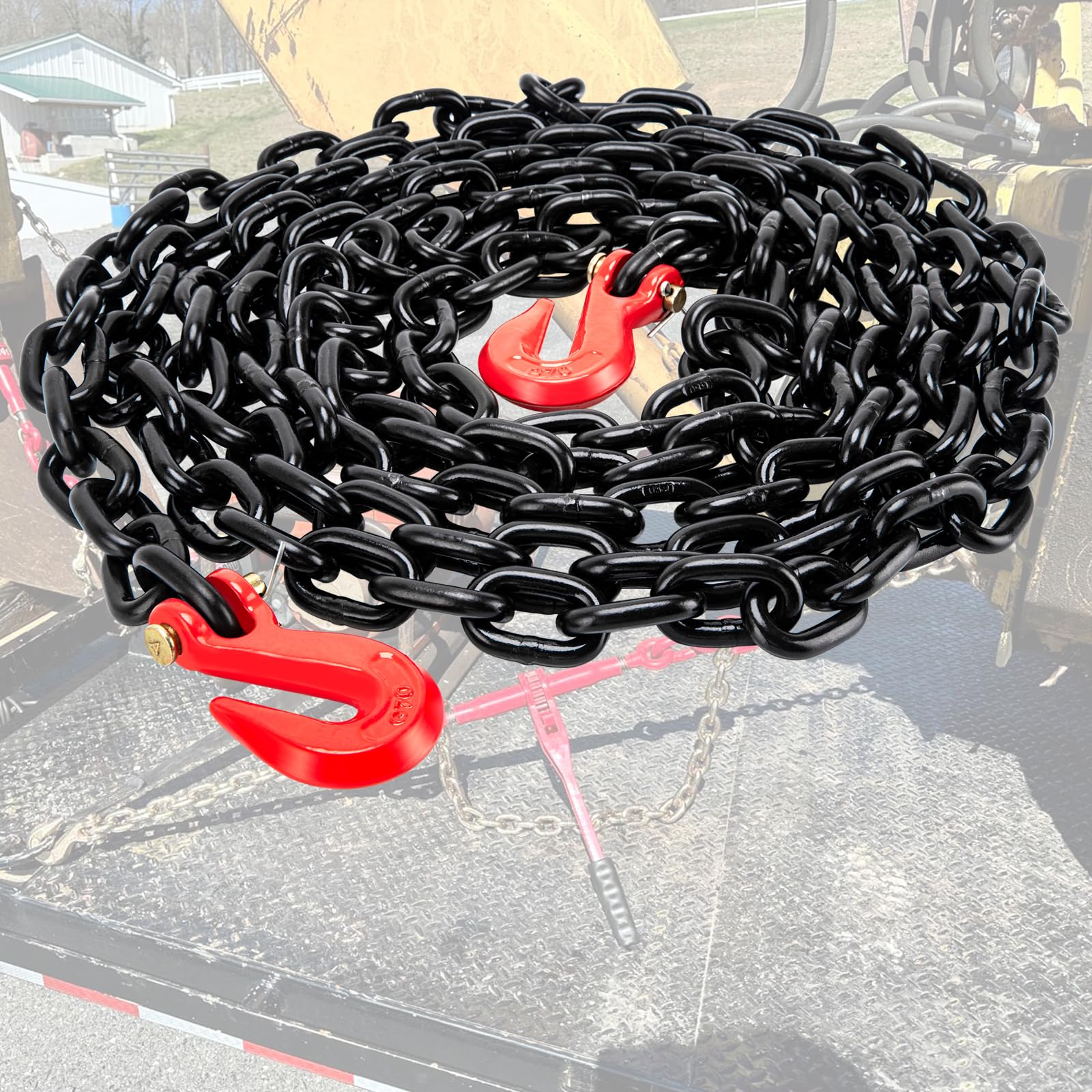 Binderkette G80 Transport Binder Kette 3/8 Zoll x 20 Fuß - Spannketten mit Gabelkopf Greifhaken 3,2 kg Sichere Arbeitsbelastung Holzkette für Transport von Abschleppbindeausrüstung