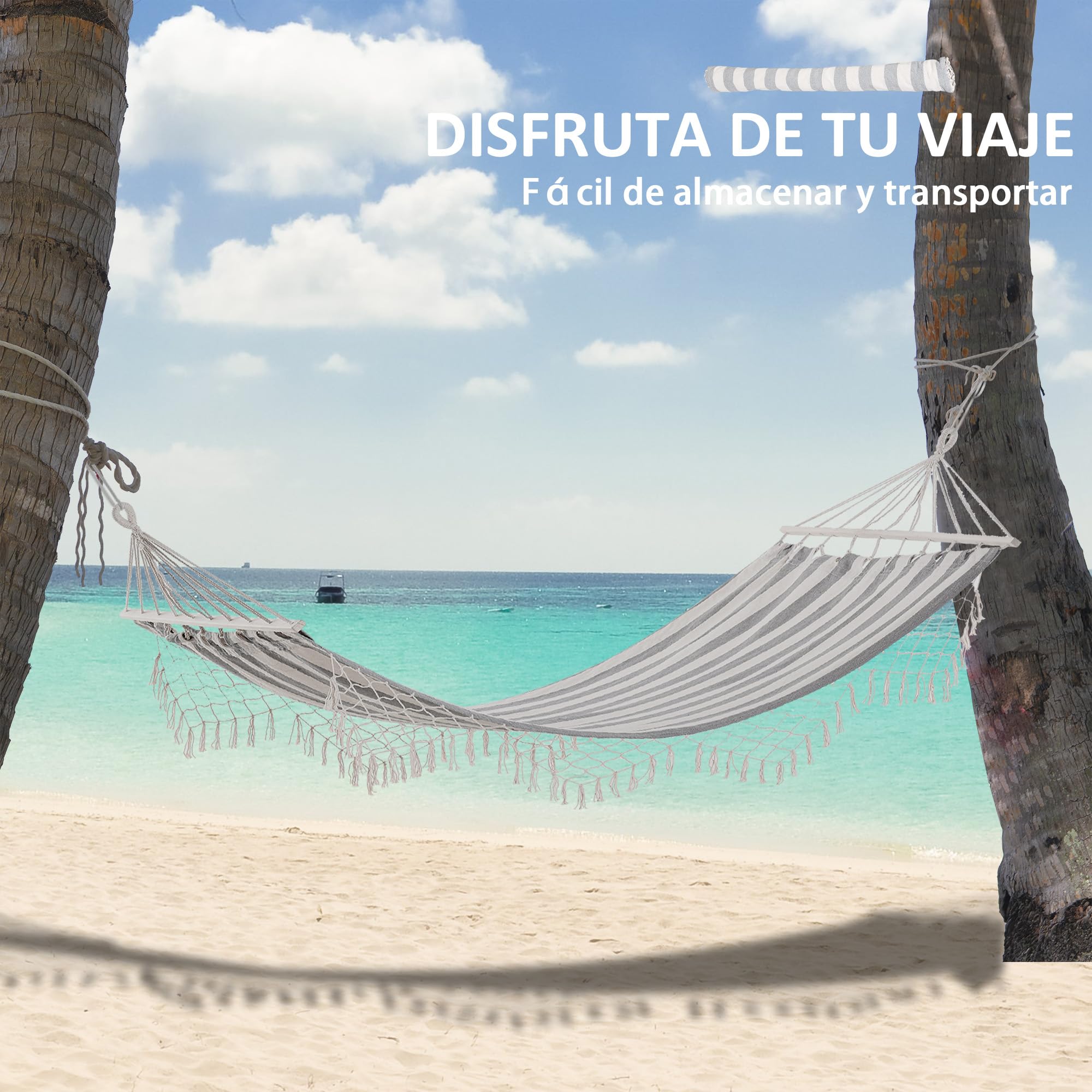 Outsunny Hamaca de Jardín 200x100 cm Hamaca Colgante con Travesaños de Madera Carga 120 kg para Patio Terraza Balcón Camping Gris y Crema