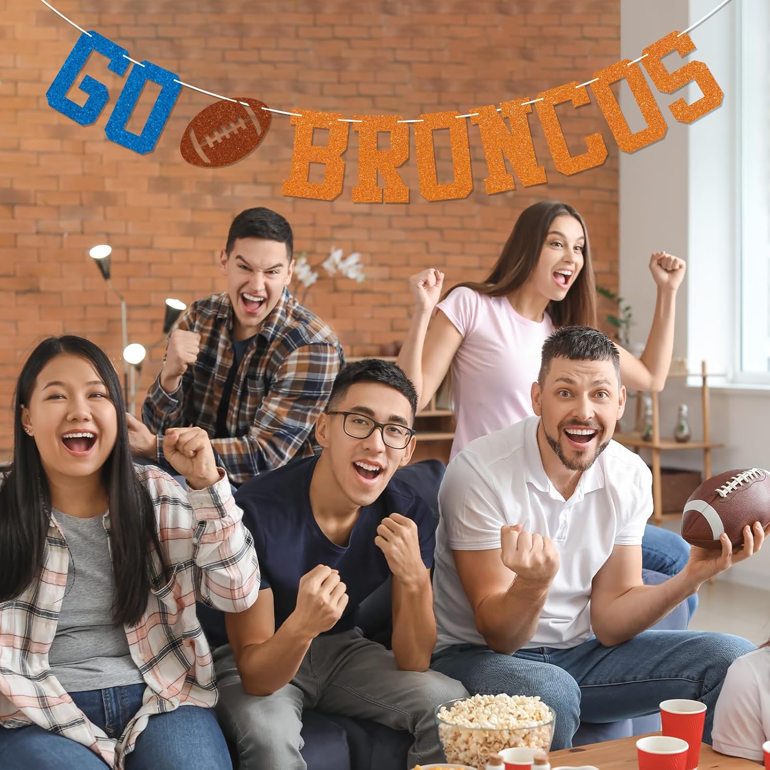 Go Broncos Banner - Broncos Party Sign, College Football Party Decor, Football Team Party Decorations Blue & Orange Glitter - Image 5