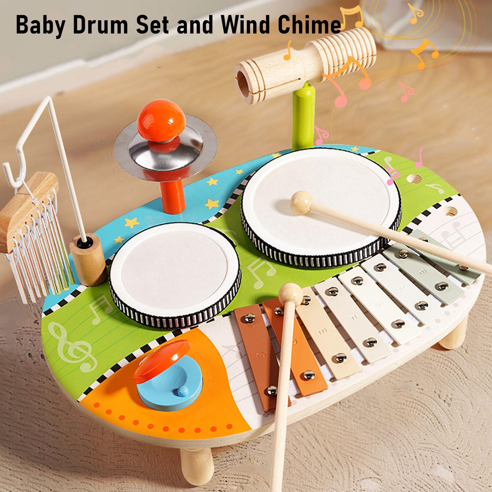 Juego de Batería para bebé con Campanas de Viento, Juguete Musical Educativo para Habilidades Cognitivas y Aprendizaje del Ritmo para Niños, 14,76 X 10,24 X 9,84 Pulgadas
