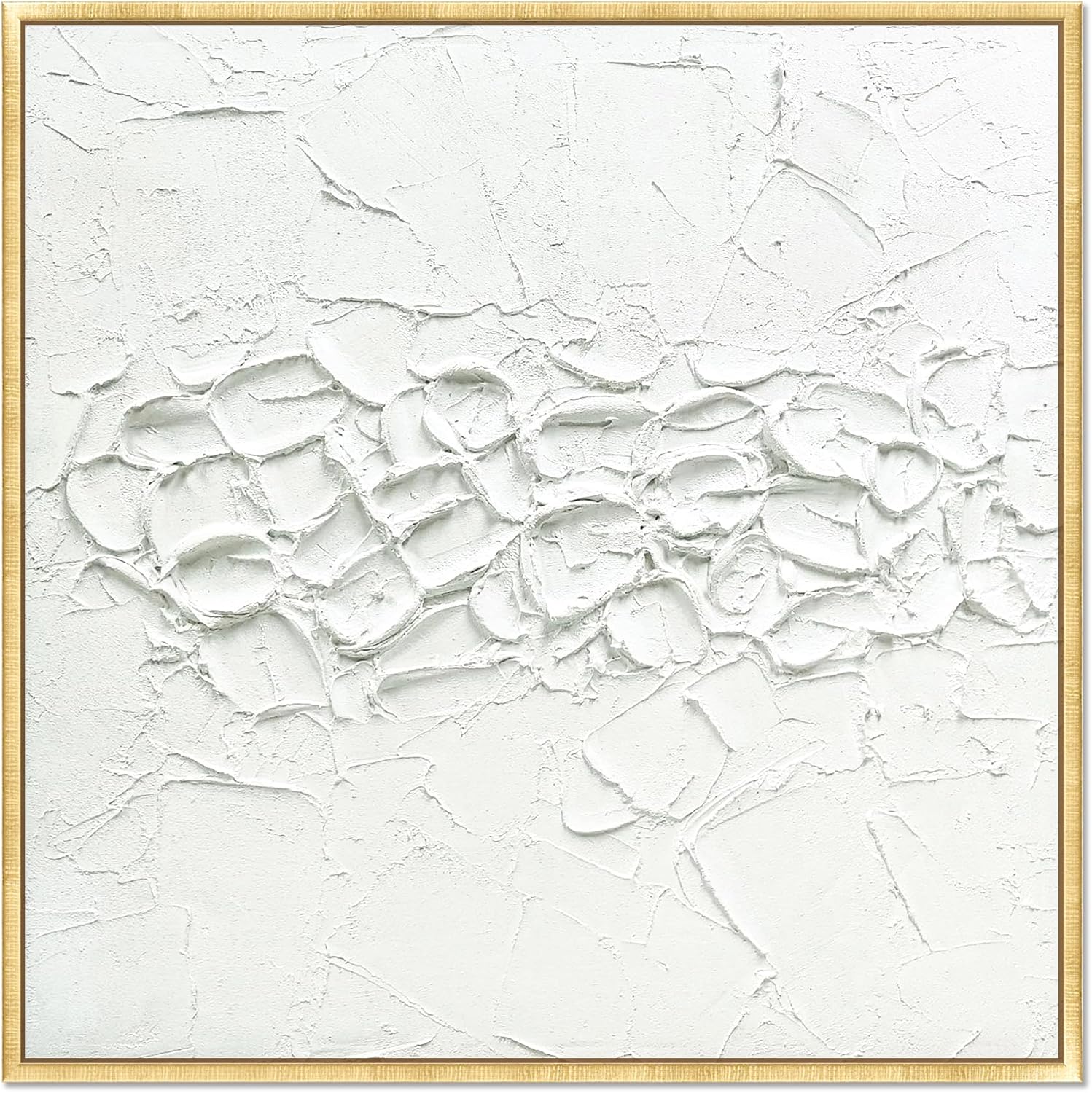 3Hdeko - 3D White Textured Abstract Canvas Wall Art Hand Painted Plaster Minimalist Wall Art White Paint Stroke Oil Painting, Neutral Wall Decor for Living Room Bedroom Bathroom Office, 24"x24" Gold Framed