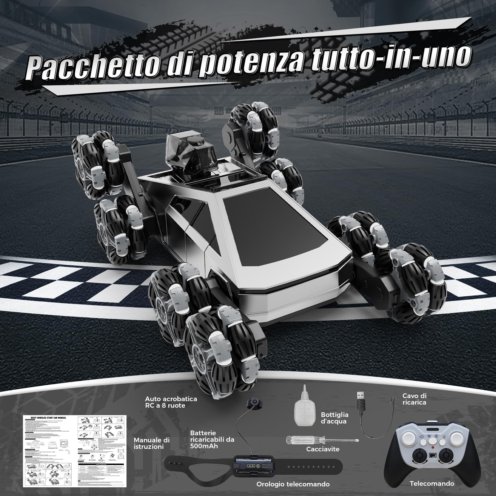 Macchina Telecomandata RC 8 Ruote Acrobatica, Veicolo Fuoristrada con Telecomando & Controllo Manuale, Luci LED, Musica, Spray, Giocattolo Bambini 5-11 Anni, Regalo di Natale per Ragazzi Ragazze