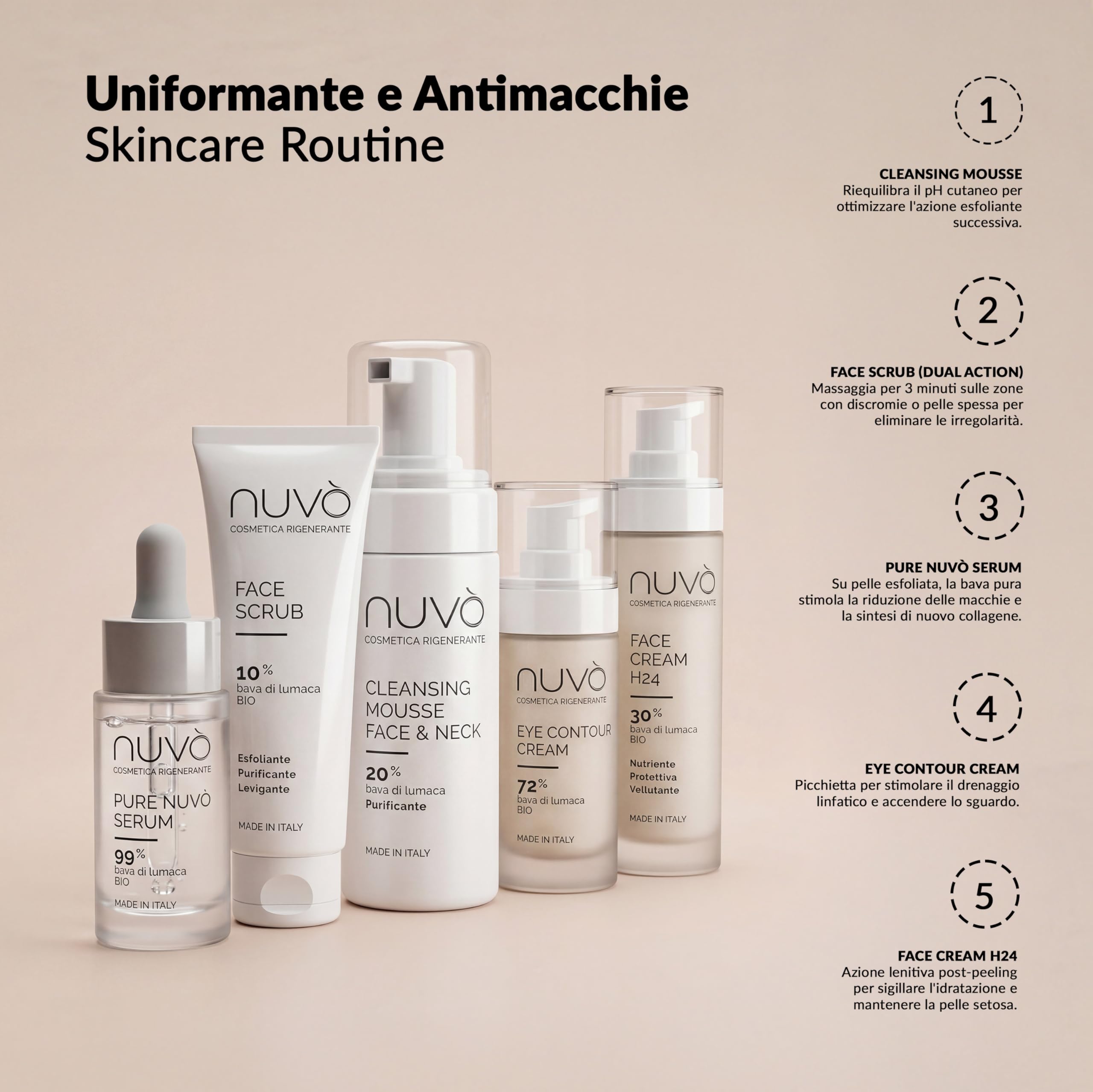 Nuvò - Scrub Viso Azione Esfoliante con Bava di Lumaca Bio 10%, 75 ml | con Acido Salicilico, Mandorla e Nocciola, pulizia profonda per uso quotidiano, per pelli miste, Made in Italy