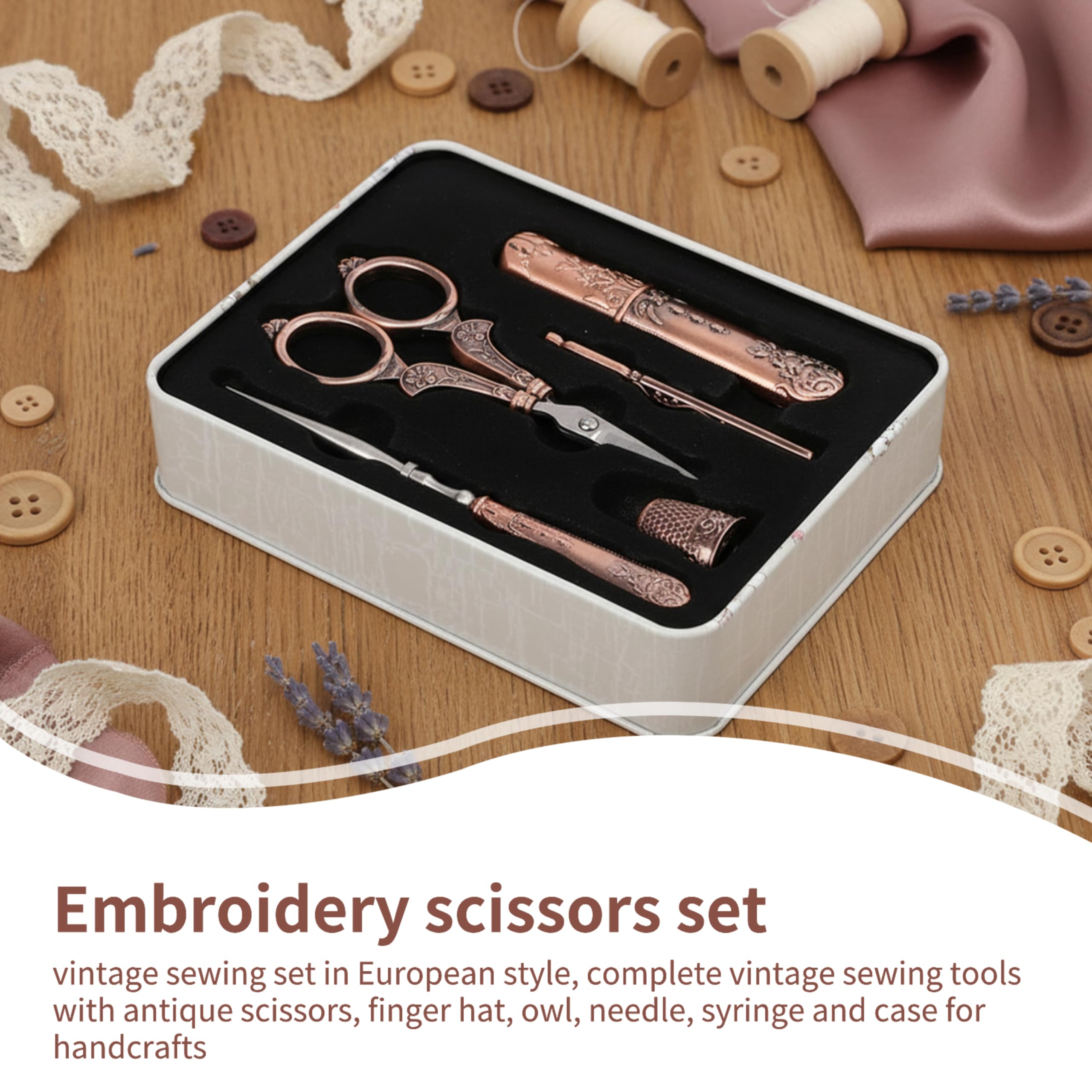Stickscheren-Set, Vintage-Nähset im europäischen Stil, komplette Vintage-Nähwerkzeuge mit antiker Schere, Fingerhut, Ahle, Nadel, Spritze und Etui für Handarbeiten