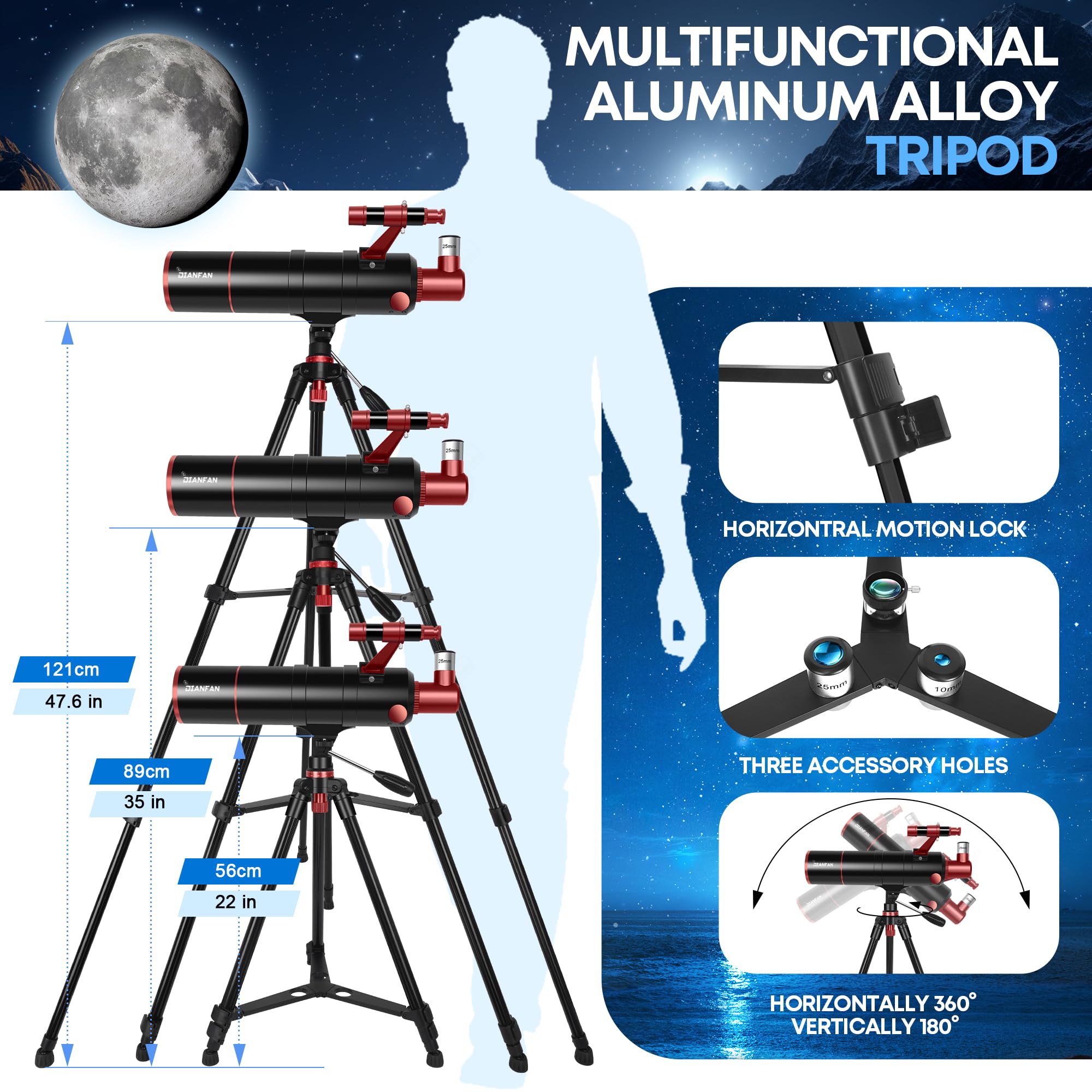 Dianfan Telescopio 90/550 Astronomico Professionale per Adulti, Telescopio Rifrattore Portatile per Principianti con Treppiede, Adattatore Smartphone, Borsa e Sgabello Pieghevole