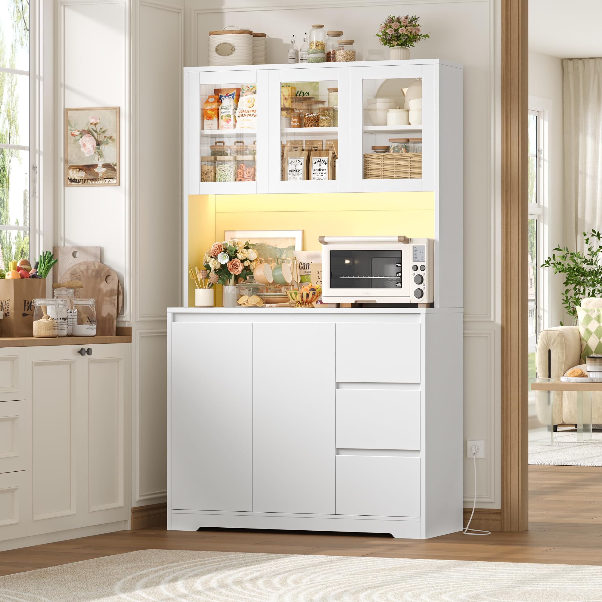 FirFurd 180 cm Küchenschrank Buffetschrank mit LED & Steckdosenleiste Vorratsschrank mit verstellbaren Einlegeböden Küchenschrank mit Arbeitsplatte Sideboard für Küche, Esszimmer 180x100x38,5 cm Weiß