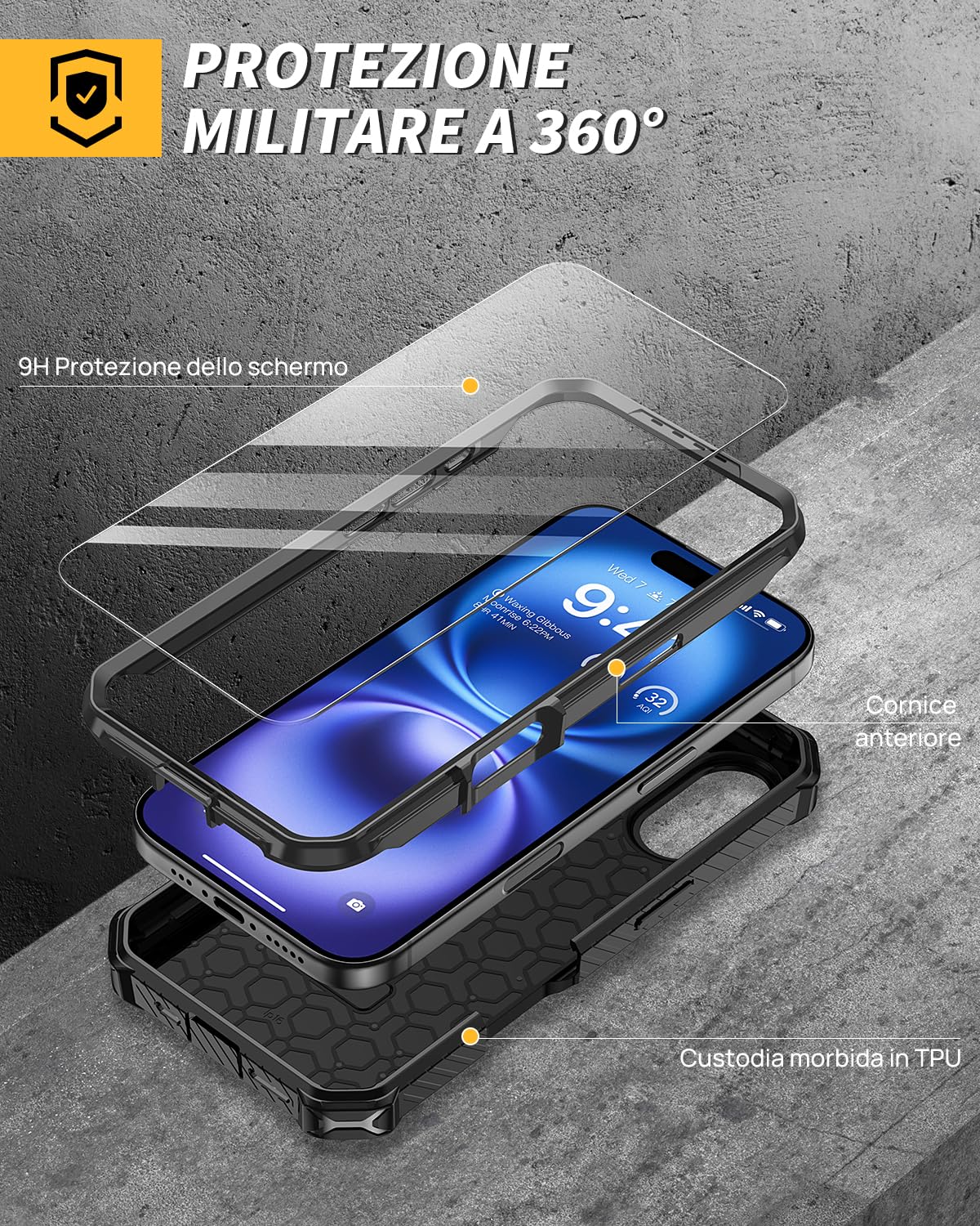 Lanhiem Cover per iPhone 16 con 2 Pezzi Vetro Temperato, Antiurto Anticaduta Militare,Supporto Magnetico Anello a 360° Protezione Armor Protezione, Custodia per iPhone 16, Nero