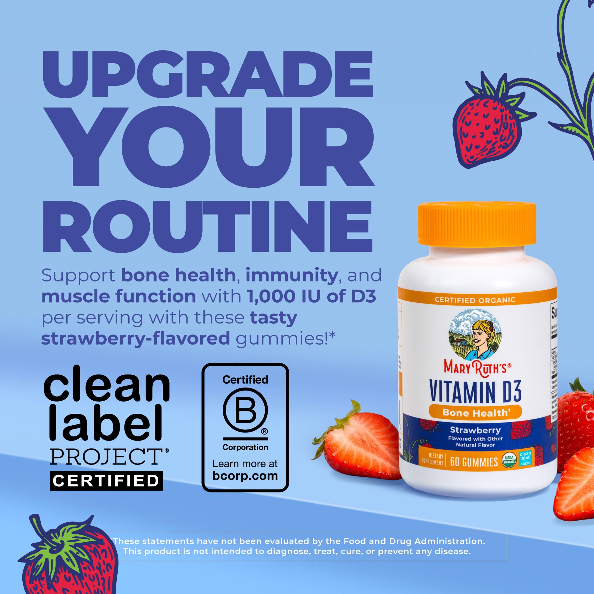 MARYRUTH'S USDA Organic Vitamin D3 Gummies for Ages 4+, Strawberry, 60 ct — Amazon image 2