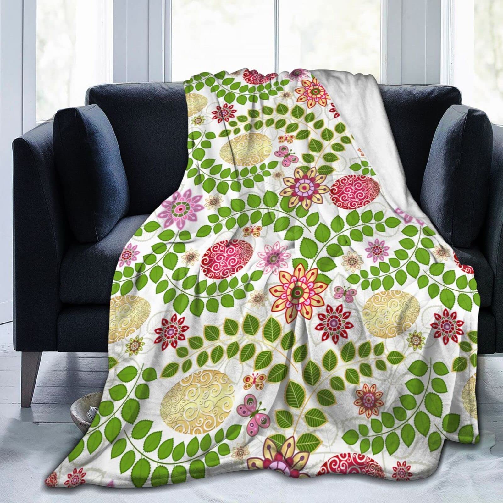 Lsjuee Easter Floral and Eggs Throw Blanket Soft Cozy Lightweight Blankets Easter Bunny Flannel Blanket for Sofa Couch Bed Office Holiday Decorative 80"X60"