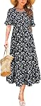 STYLEWORD Women's Summer Dresses Trendy 2026 Short Sleeve Floral Ruffle Swing Midi Dress with Pocket