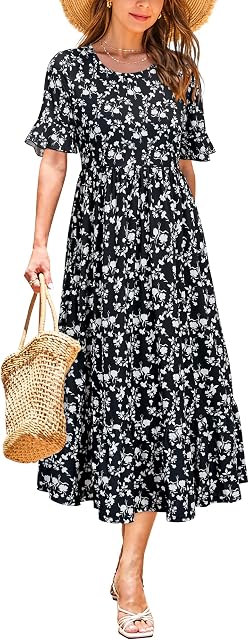 STYLEWORD Women's Summer Dresses Trendy 2026 Short Sleeve Floral Ruffle Swing Midi Dress with Pocket