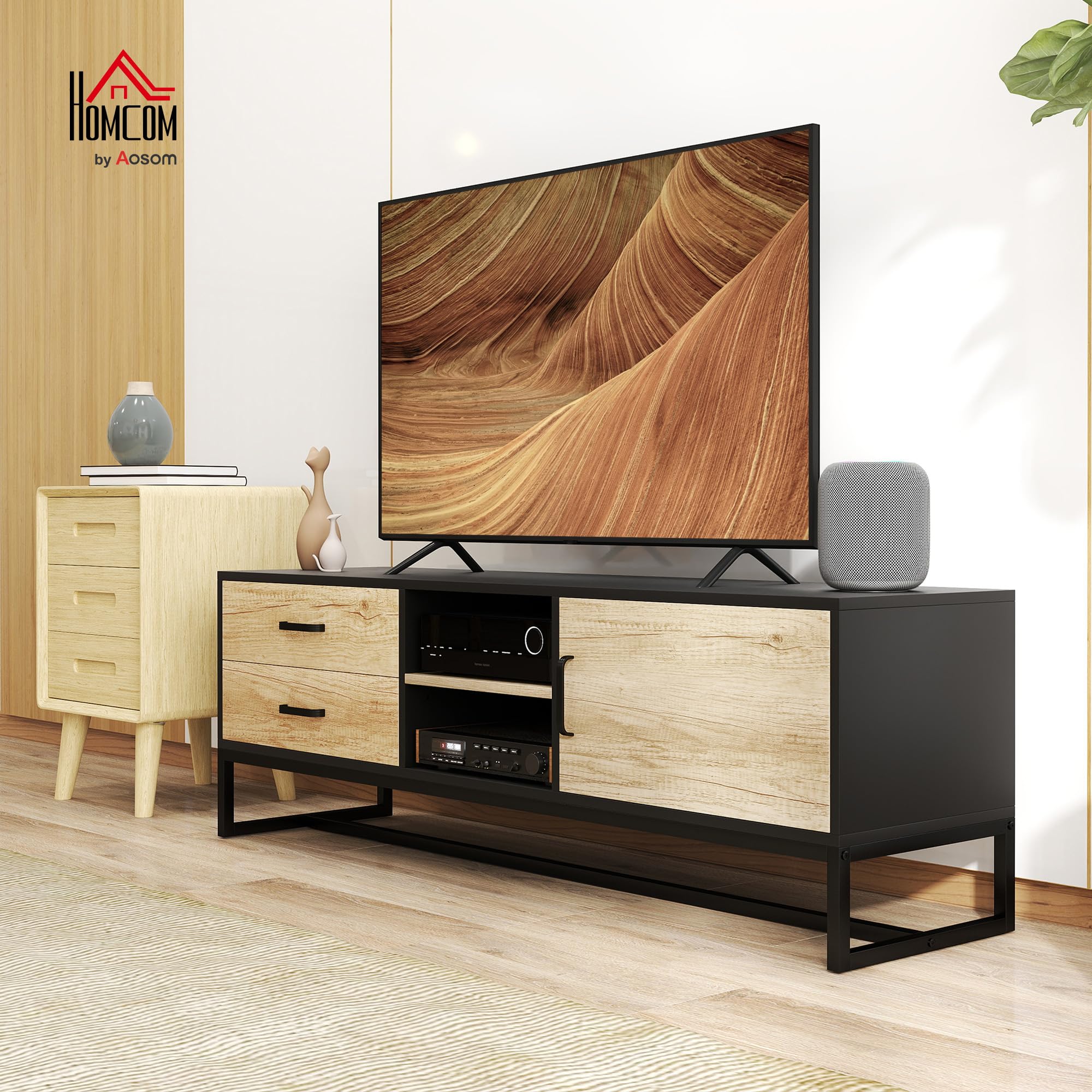 HOMCOM Mobile Porta TV 60" con Armadietto, 2 Cassetti e Ripiani Regolabili, Mobile TV con 2 Aperture Passacavi in Legno per Soggiorno e Salotto, 140x35x45 cm, Legno Naturale e Nero