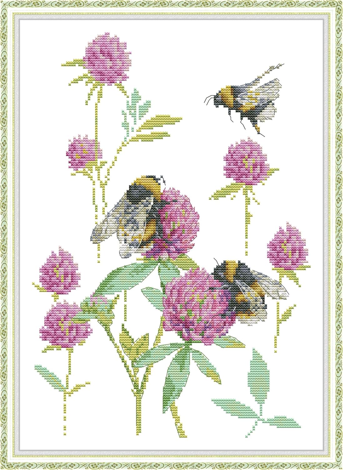 CaptainCrafts Cross Stitch Kits, New Stamped and Counted Fabric Cross Stitching DIY Art DMC Needlecrafts Embroidery Kit for Adults Beginner (Stamped 14CT, Bumblebee Picking Flowers)