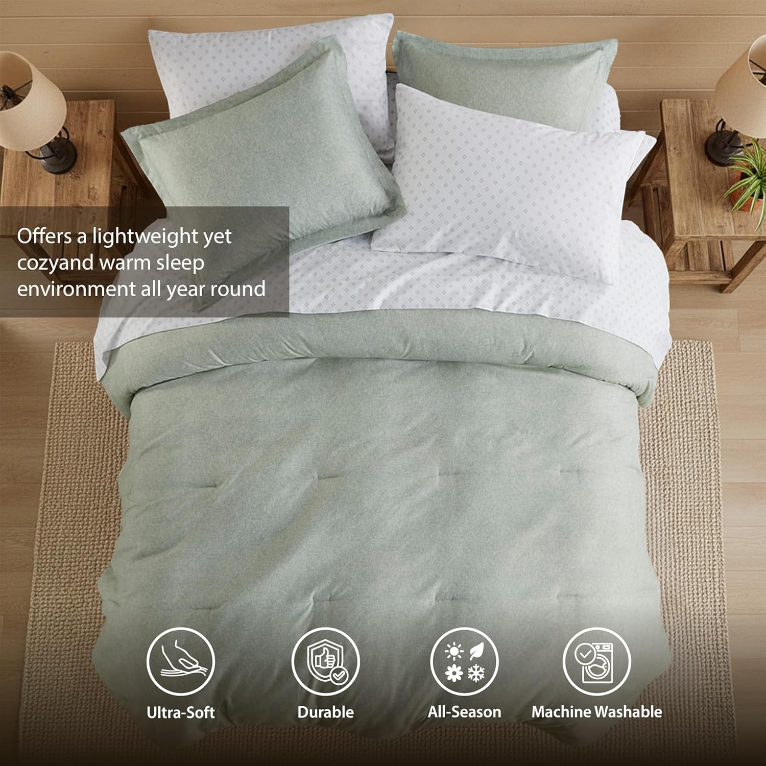 Queen Size Comforter Set, Lightweight 7 Pieces Sage Green Bed in a Bag All Season Chambray Print Bedding Set Ultra Soft Comforter, Farmhouse Sheets, Pillowcase & Sham