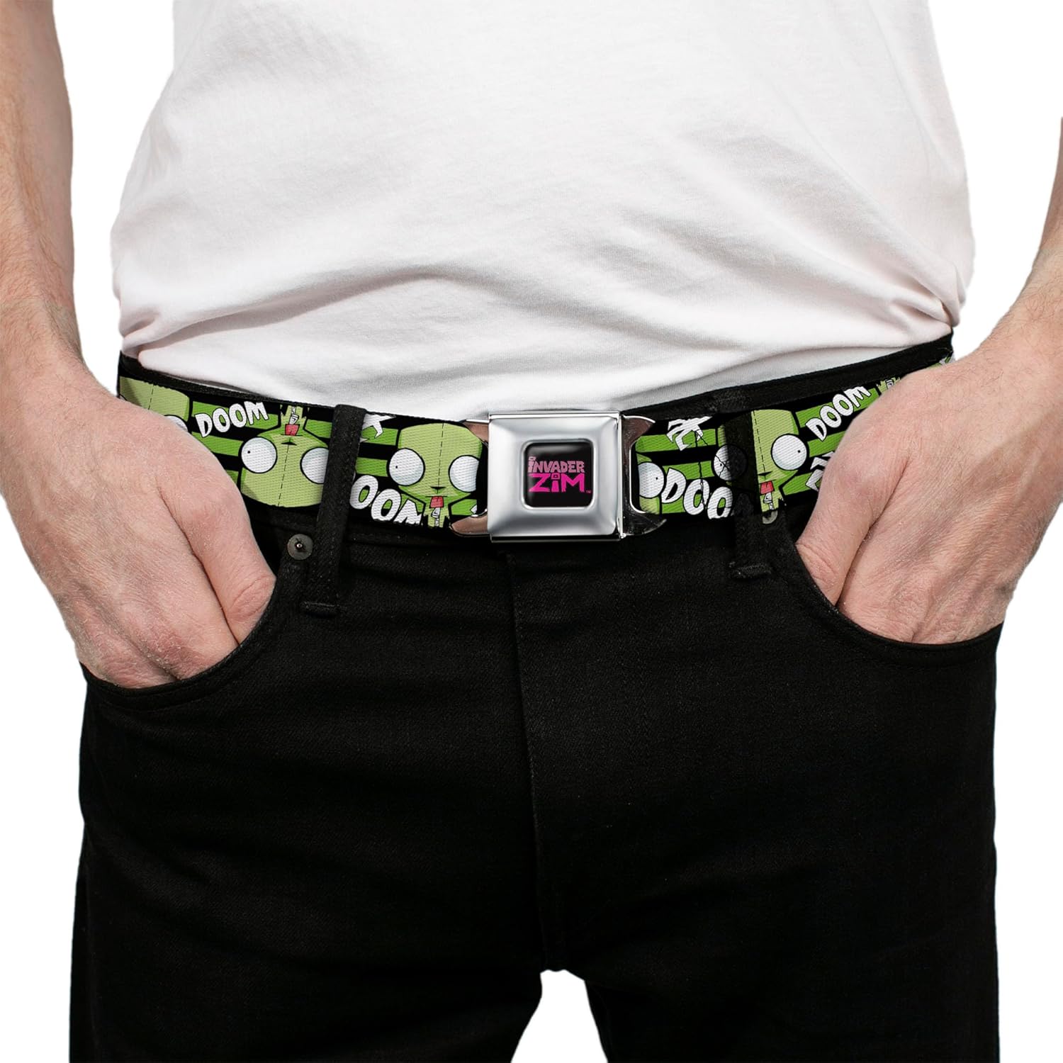 Nickelodeon Belt, Seatbelt Buckle Belt, Invader Zim Gir Doom Flip Poses Stripe Black Green, Adjustable