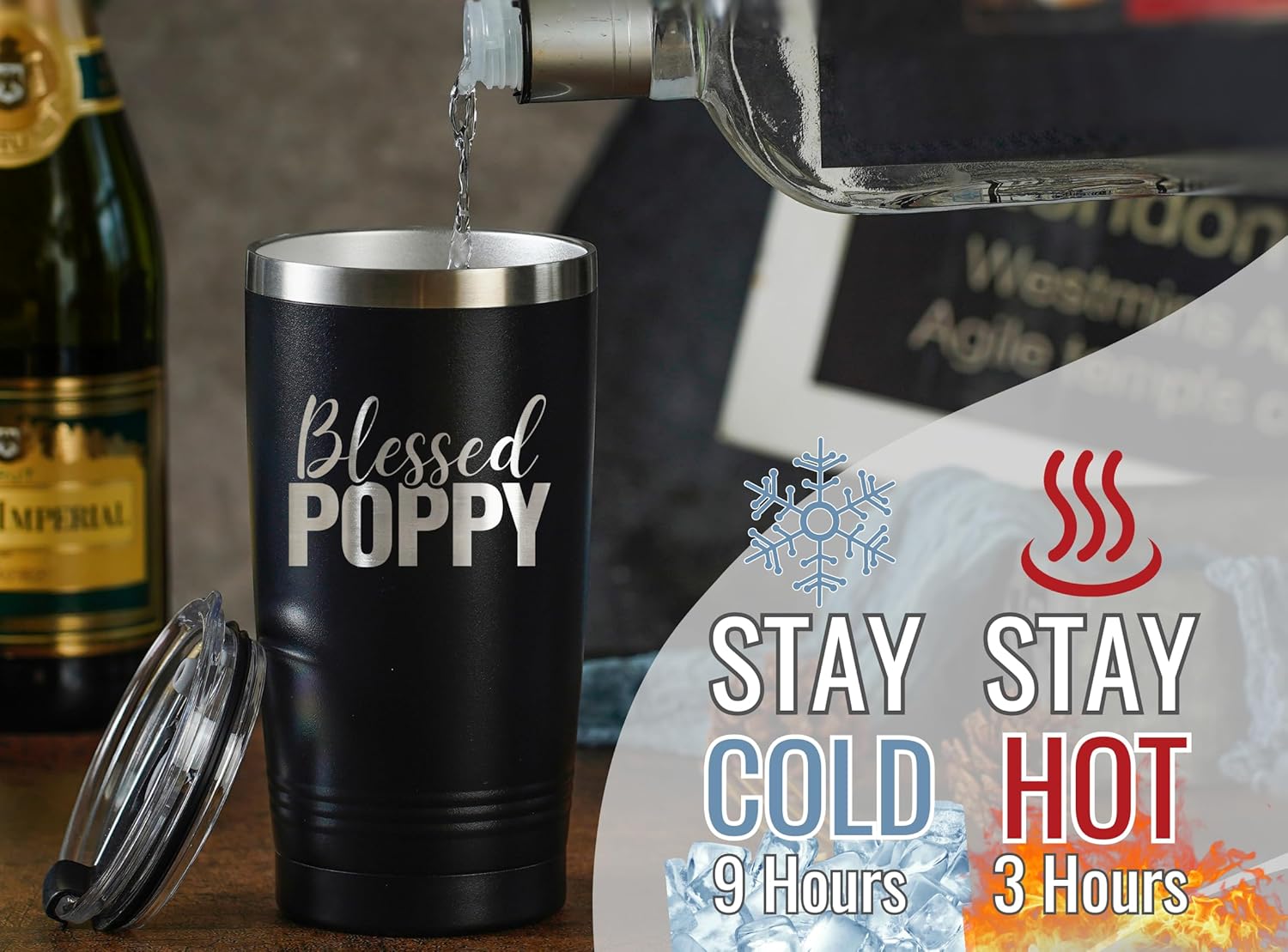 Onebttl Poppy Gifts, Grandpa Gifts from Grandchildren, Father's Day Gifts for Poppy, Laser Engraved Design, 20oz/590ml, Stainless Steel Tumbler with Straw & Lid, Black - Blessed Poppy - Image 7