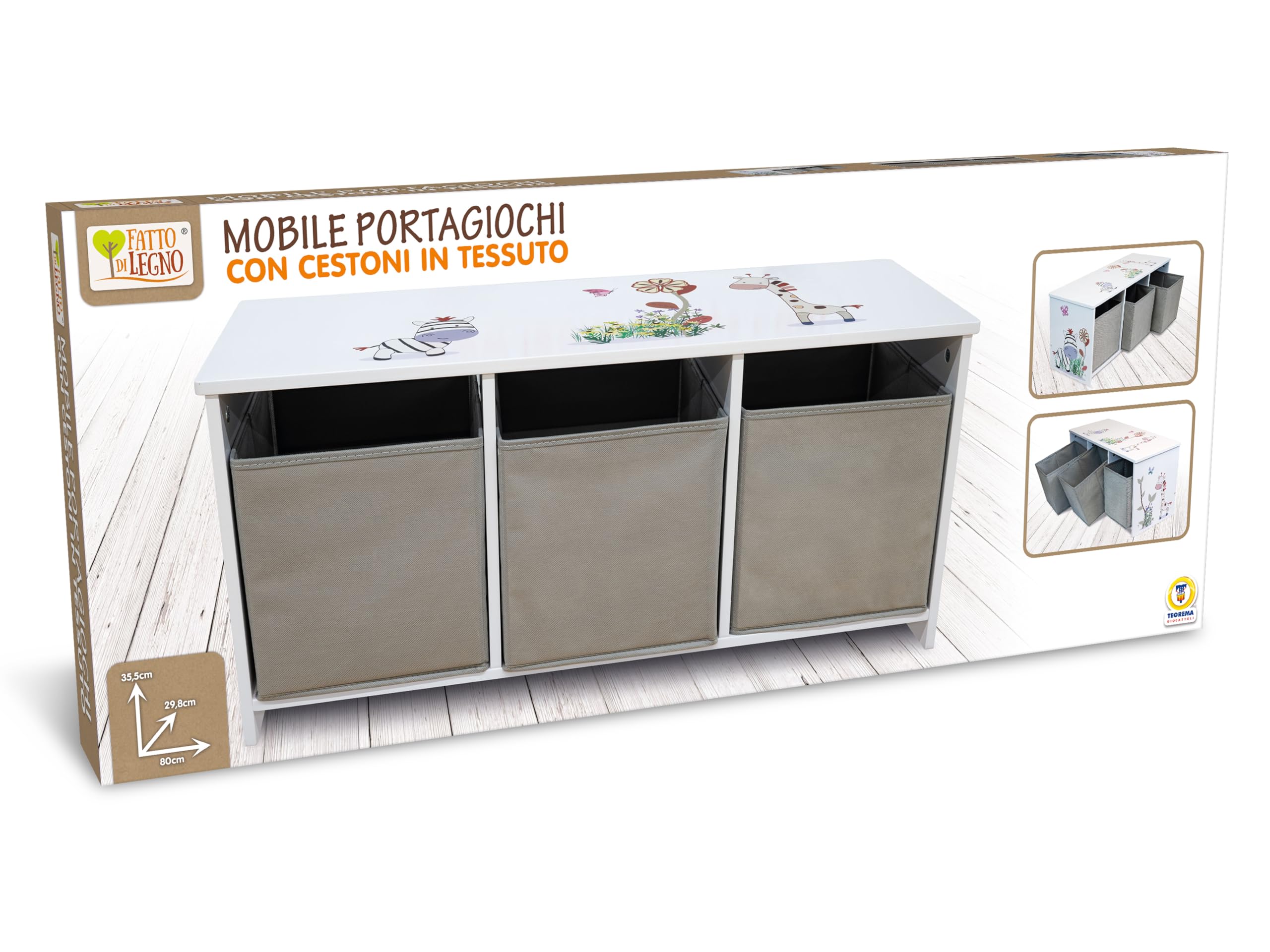Teorema - Mobile in Legno Porta Giochi, Porta Oggetti con 3 Contenitori in Tessuto Rimovibili