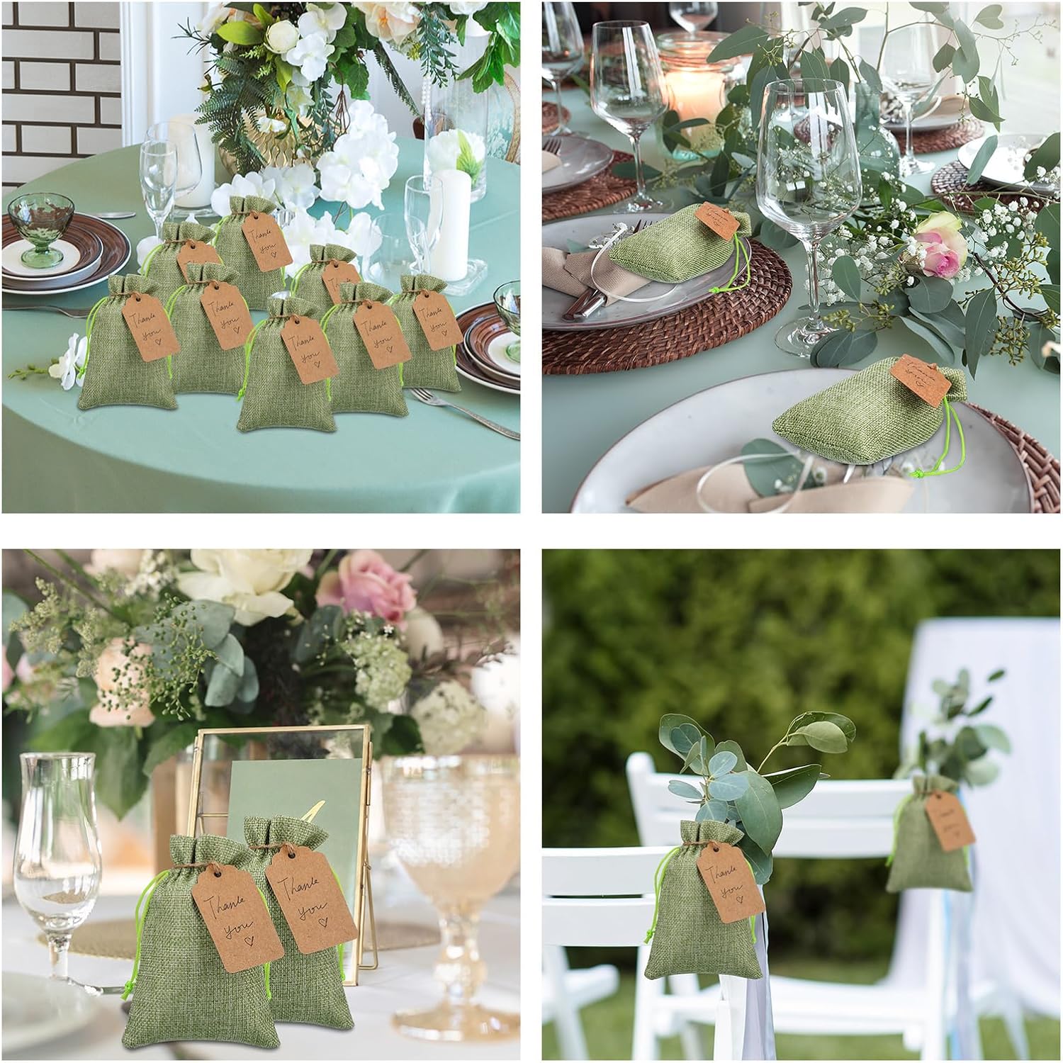 Woanger 100 Pcs Burlap Gift Bags with 100 Pcs Kraft Paper Gift Tags with Drawstring Favor Bulk Burlap Sack Bags for DIY Wedding Party Craft(3 x 4 Inch,Sage Green)