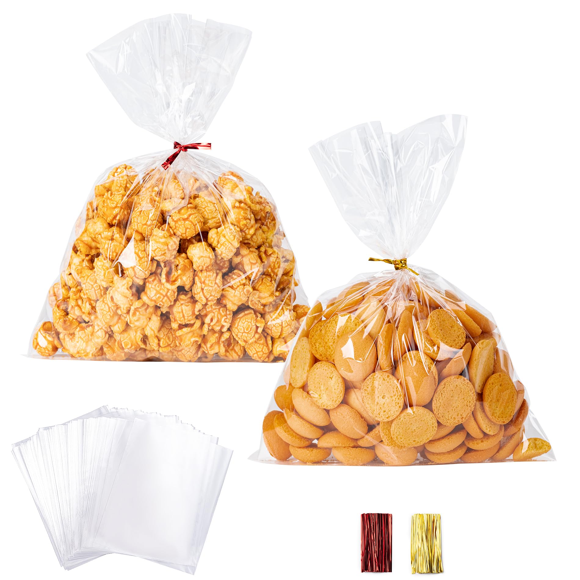 Aegero Cello Cellophane Treat Bags, 200 Pcs 6x8 Inches Clear Cellophane Bags with 200 Twist Ties for Gift Wrapping,Packaging Candies,Dessert,Bakery,