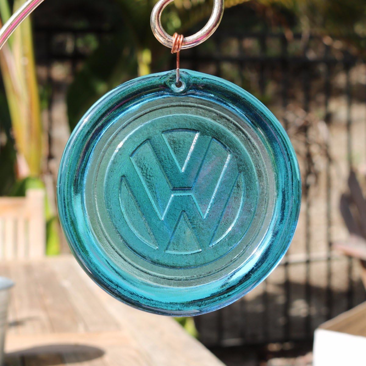 Mission Glass Works 4-Inch VW Lovers Badge Suncatcher in Aqua from Our Fun Collection - A Stunning Window Ornament and Gift from Pressed from Carved Steel Dies Made in The USA