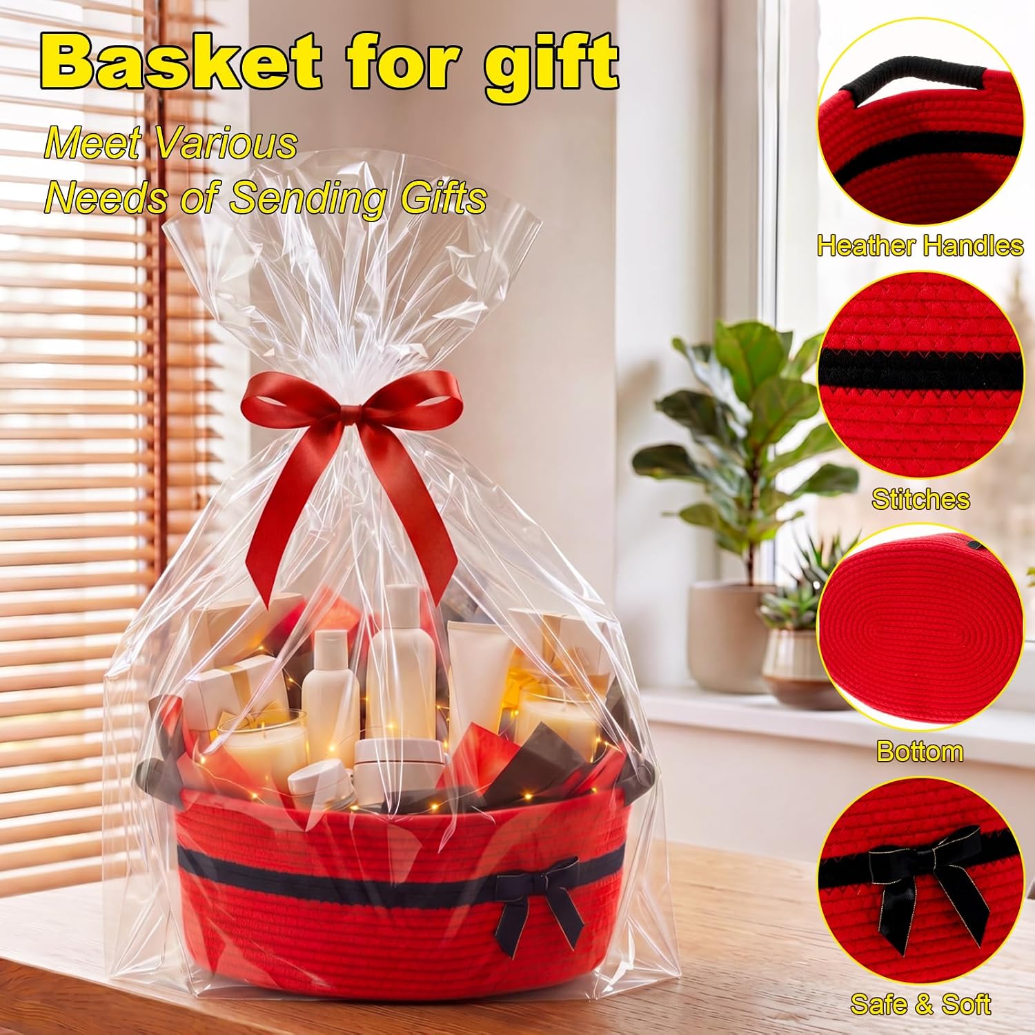 Colingmill Large Led Light Woven Gift Basket with Handles, Thank You Card, 14.5" x 11" x 6.3" Storage Bow Basket Empty for Wedding Baby Showers Pet Toy Bin(Red)