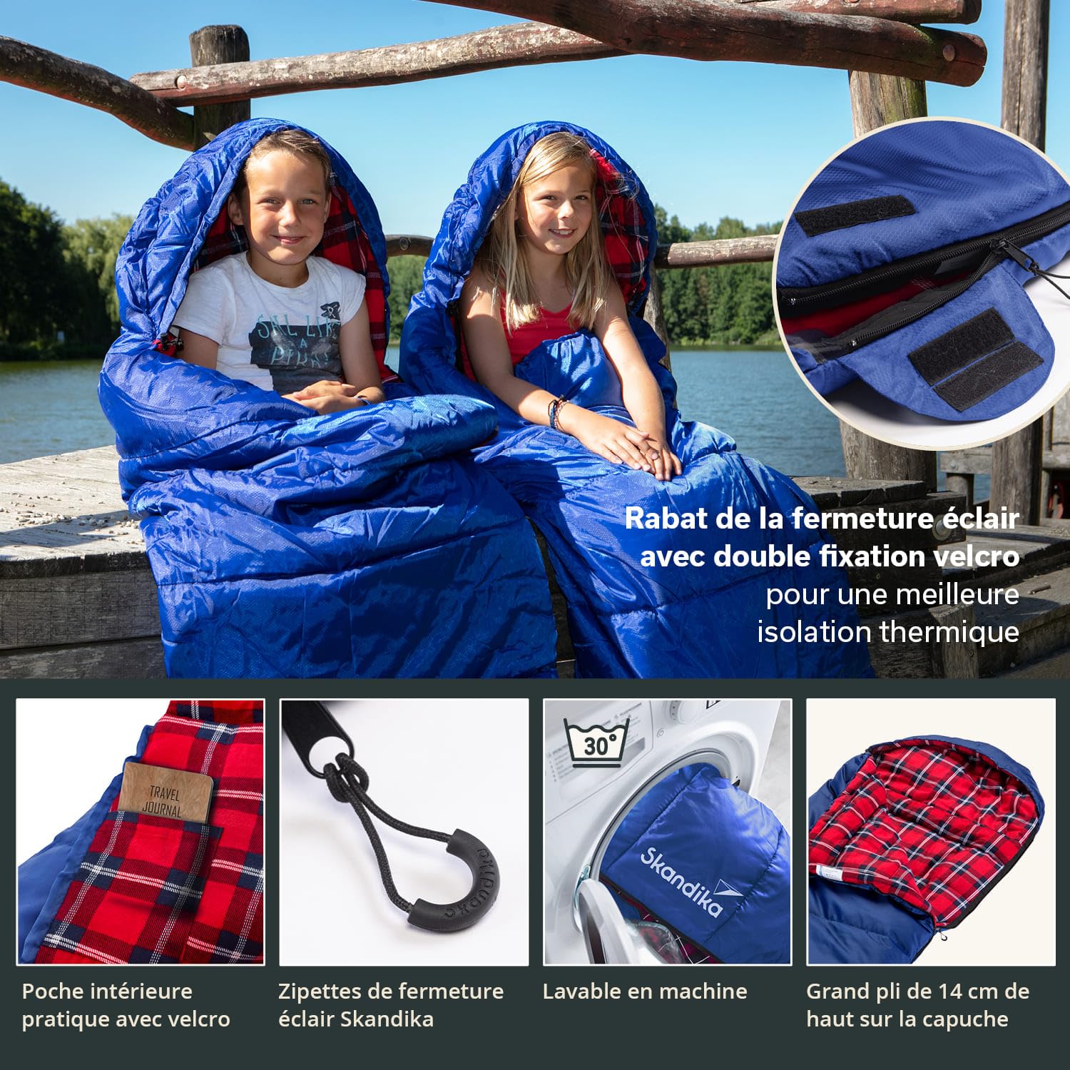 Skandika Dundee Junior Sac de Couchage Enfants | Sac de Couchage de Camping Enfants, Doublure intérieure Flanelle de Coton, Doux et Moelleux, Hydrofuge, 3 Saisons, 175 x 70 cm