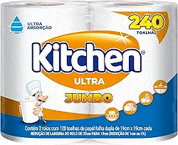 Papel Toalha Kitchen Jumbo Folha Dupla - Pack com 2 rolos de 120 unidades de 19x22 cm cada, Branco
