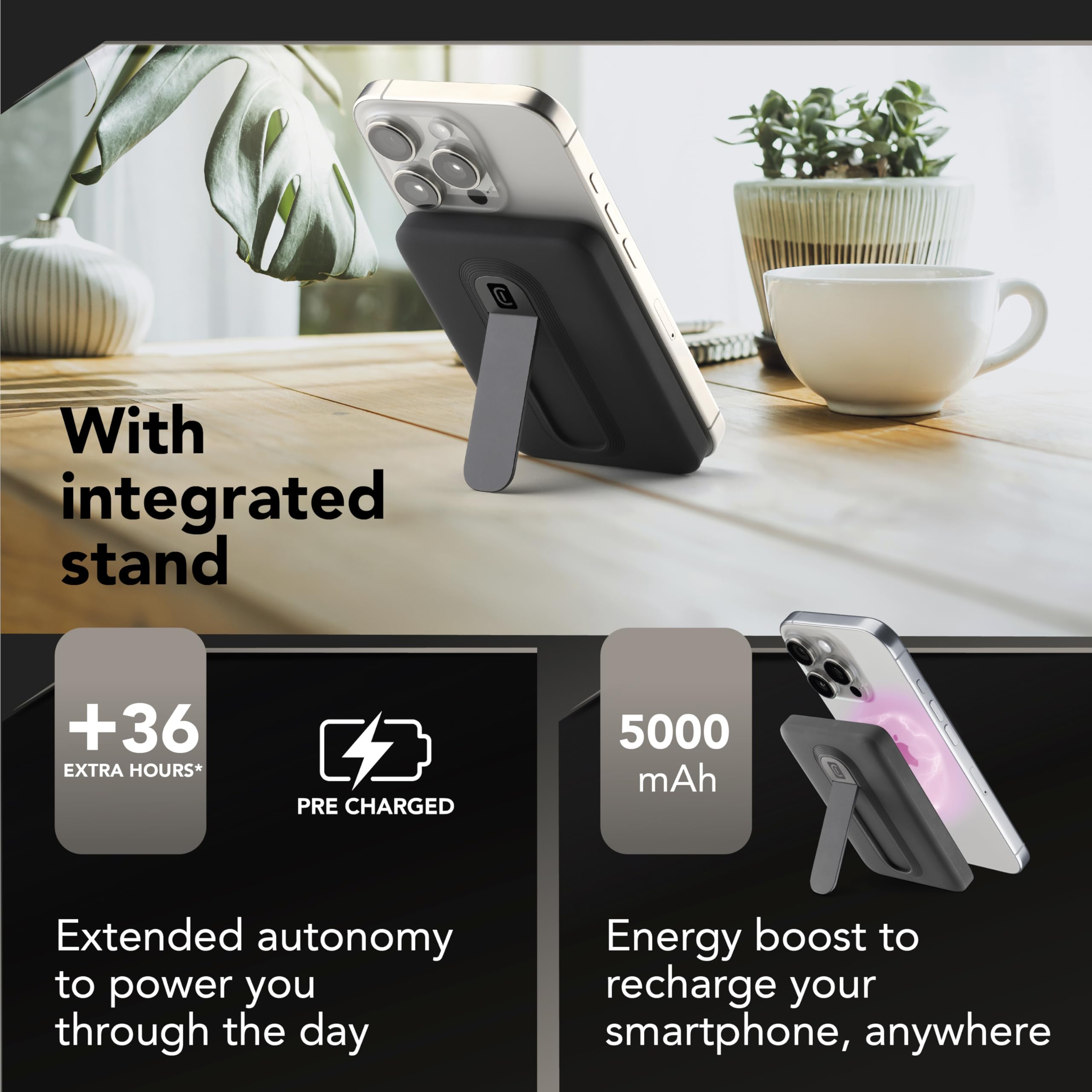 Cellularline Power Bank 5.000 mAh Qi2 15W con Soporte Integrado y USB-C 20W – Soft-Touch, mag Stand, Negro