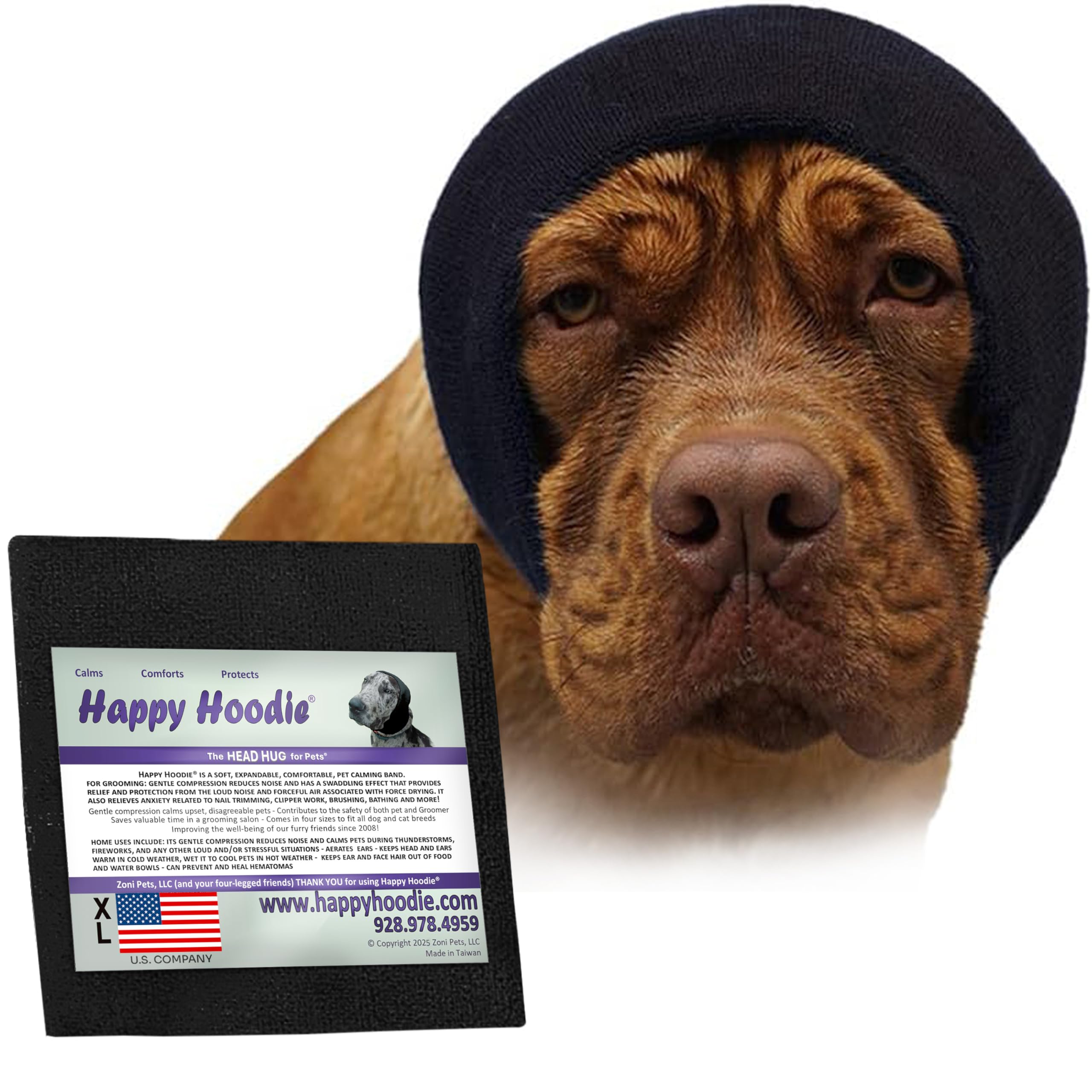 Happy Hoodie The Original Dog & Cat Calming Band, Anxiety Relief/Noise Protection-Grooming-Thunder-Fireworks (X-Large, Black)