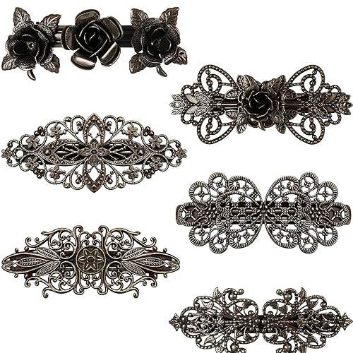 Geyoga 6 Pieces Vintage Hair Barrettes for Women Retro French Flower Clips Metal Bronze Hair Pins for Women Styling Accessories - Elegant Style