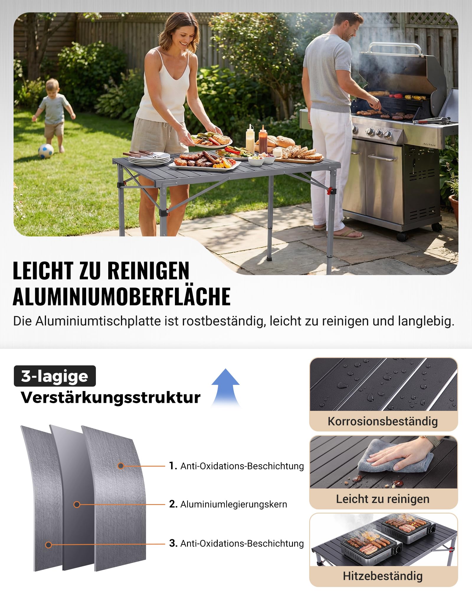 KingCamp Campingtisch Klappbar, bis 120 kg,60/70/80cm Höhenverstellbar | Aluminium Roll-Up Tischplatte,Schneller Auf- und Abbau,Kompakt, Robust,Langlebig,Leicht,für Outdoor,Picknick,107x70cm