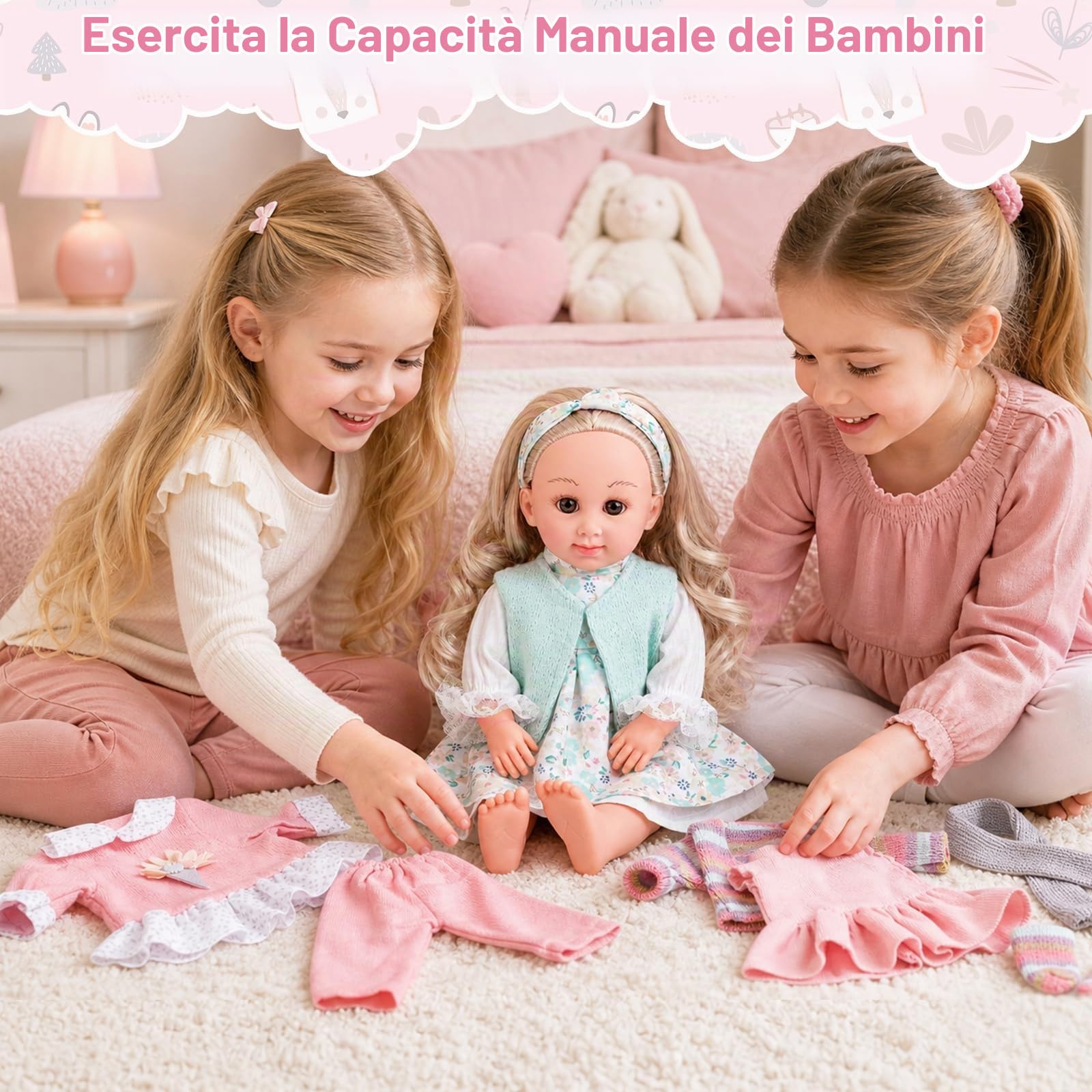 deAO Bambola con Accessori con 4 Vestiti e Kit Parrucchiere