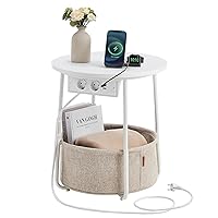 VASAGLE Tavolino, Tavolino Rotondo con Cestino in Tessuto e Multipresa