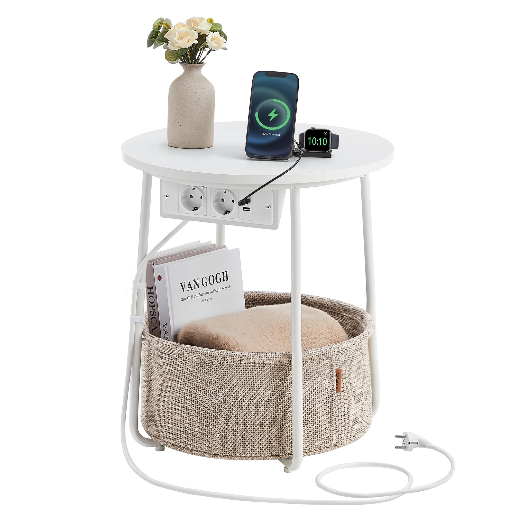 VASAGLE Round side table with charging station, small table with socket, coffee table, USB sockets, fabric basket, living room bedroom, bedside modern matt white camel brown LET228W02 - Matte white + camel brown