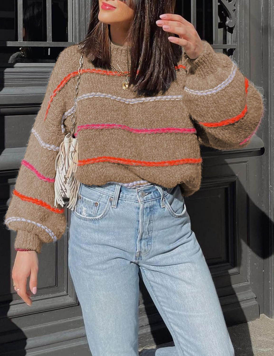 QIBABU Womens Striped Sweaters Casual Lantern Sleeve Color Block Knit Pullover Sweater Tops - Image 3