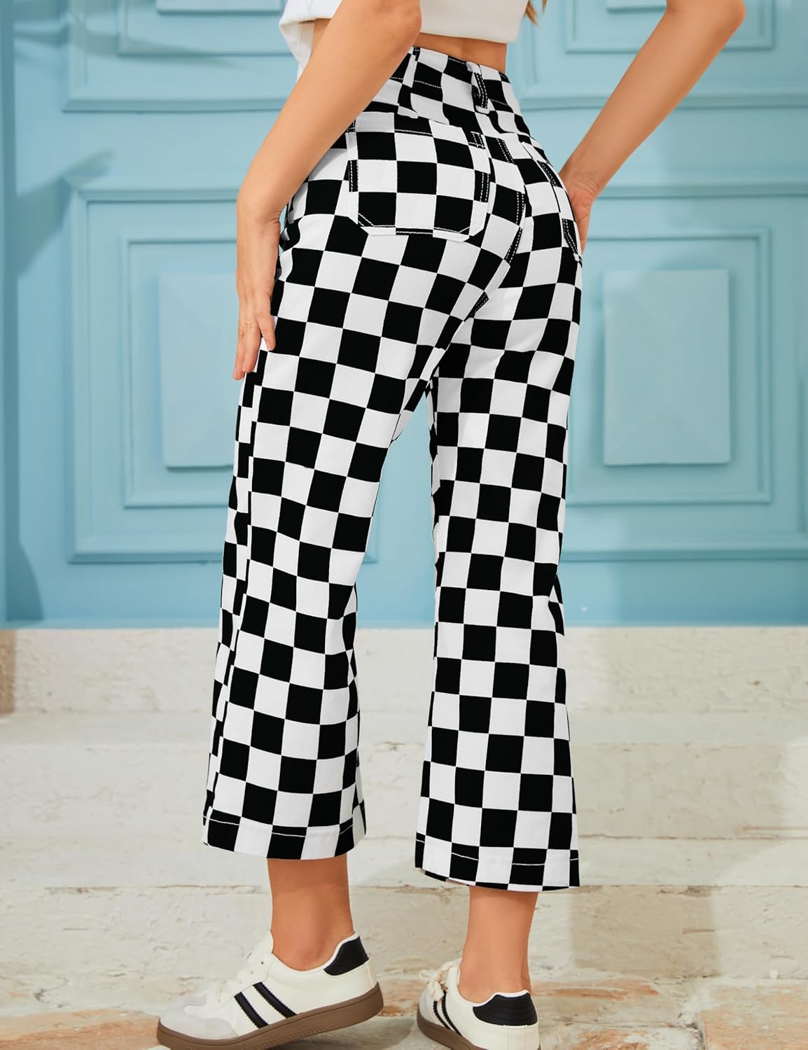 Cropped Jeans for Women Checkered Pants Casual High Waisted Stretchy Straight Leg Trousers with Pockets - Image 2
