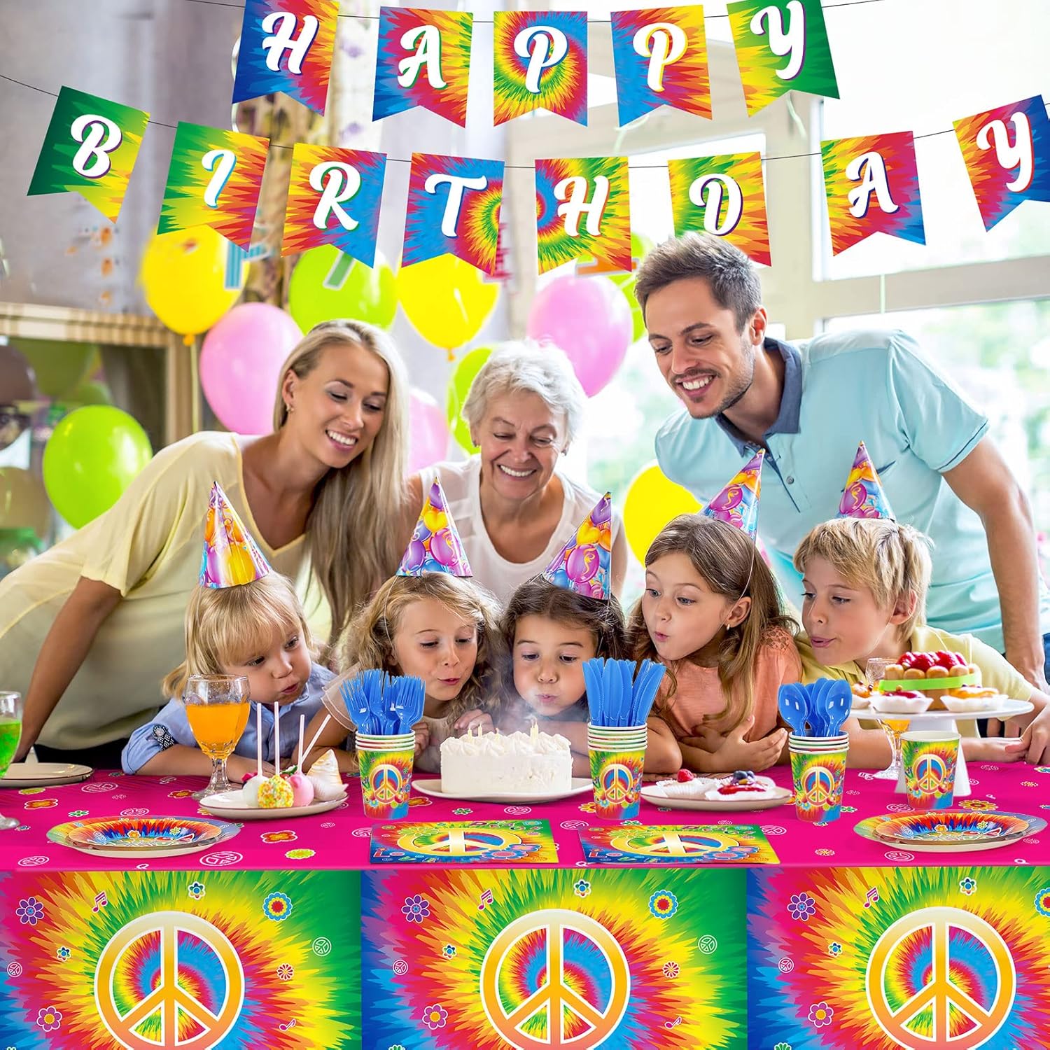 172 Pcs Tie Dye Birthday Party Supplies Serves 24, 60's Hippie Theme Party Decorations Happy Birthday Banner Tie Dye Tablecloth Peace Love Plates Napkins Tableware Set for 60s Hippie Groovy Party