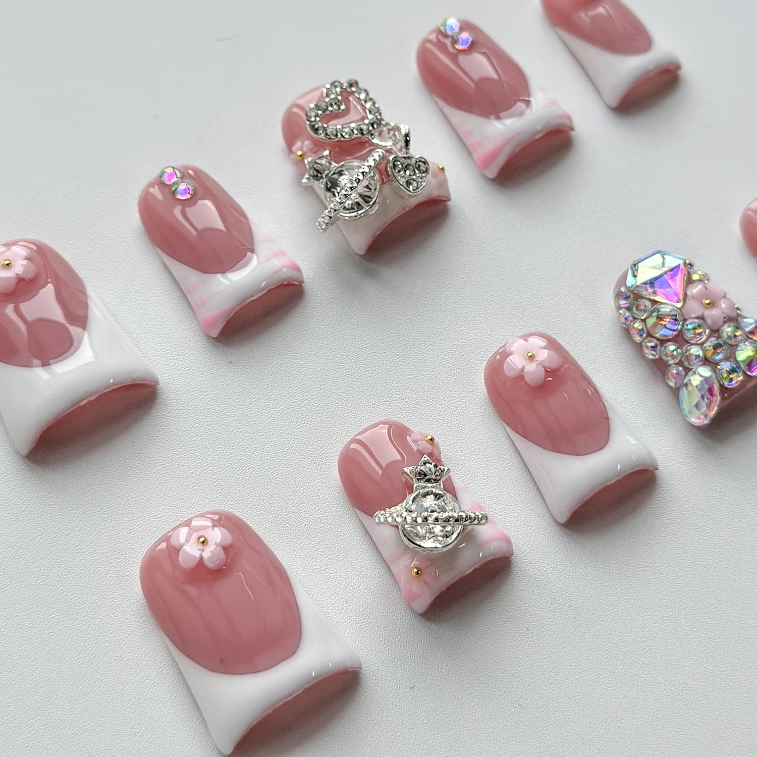 Luxury Press on Nails Short Duck Handmade 3D Unique Reusable ABS Material Fake Nails White French Tip False Nails with Designs Pink Flower Rhinestones Glossy Glue on Nail Thick Acrylic Nail(S)