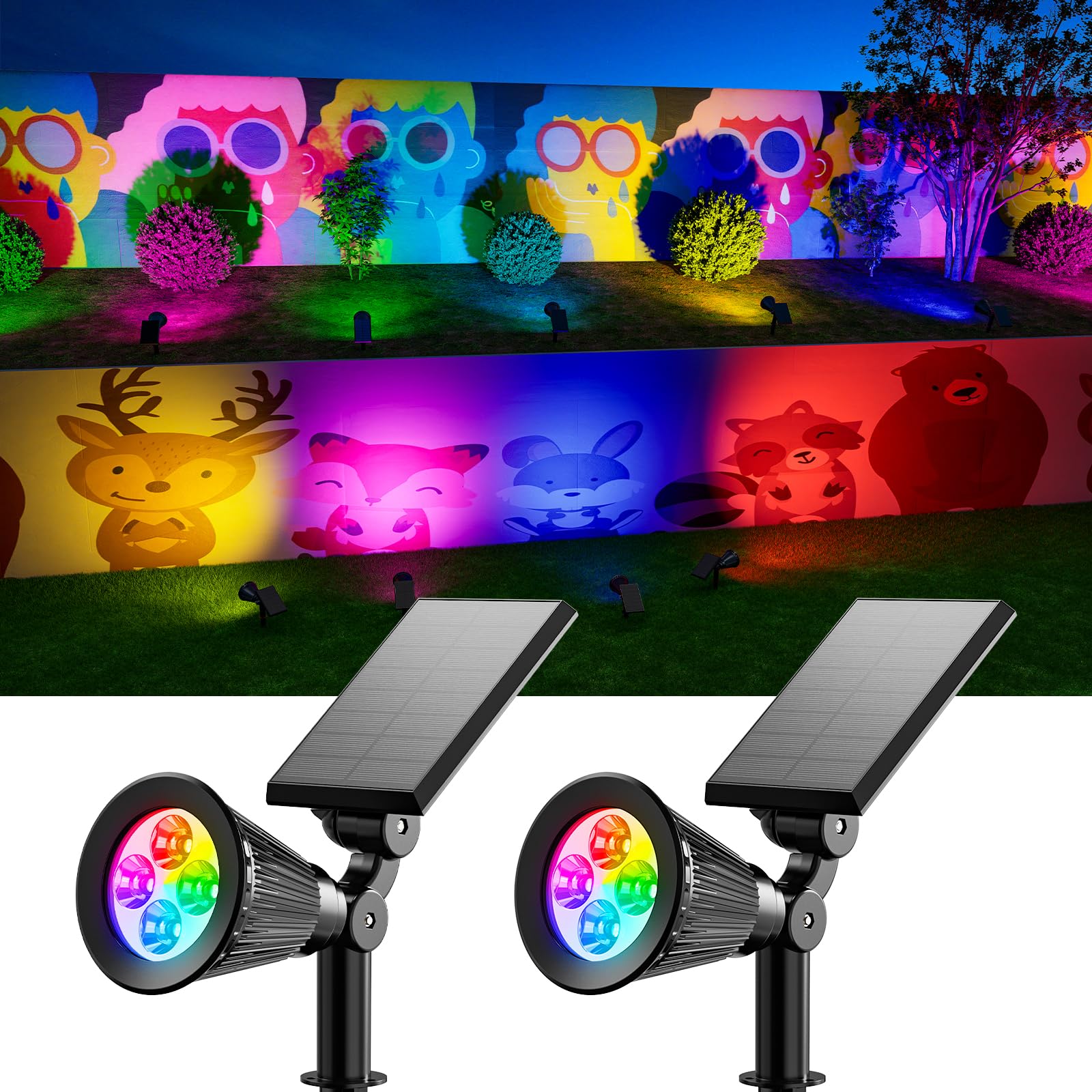 Photo 1 of 2 Pack Color Changing Solar Spotlights Outdoor for Tree, Flower, Plant, Statue, Sign, Decorative wall, Waterproof Rainbow Lanscape Spot Uplights for House Outside, Yard, Garden, Patio, Pathway, Pool